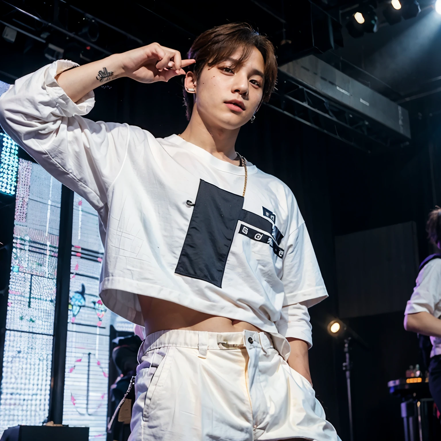 Korean boy
Beautiful
V
Jewellery
Kpop idol
17 years old
Short White and black hair
Sixpack
Famous
On stage
Long shorts