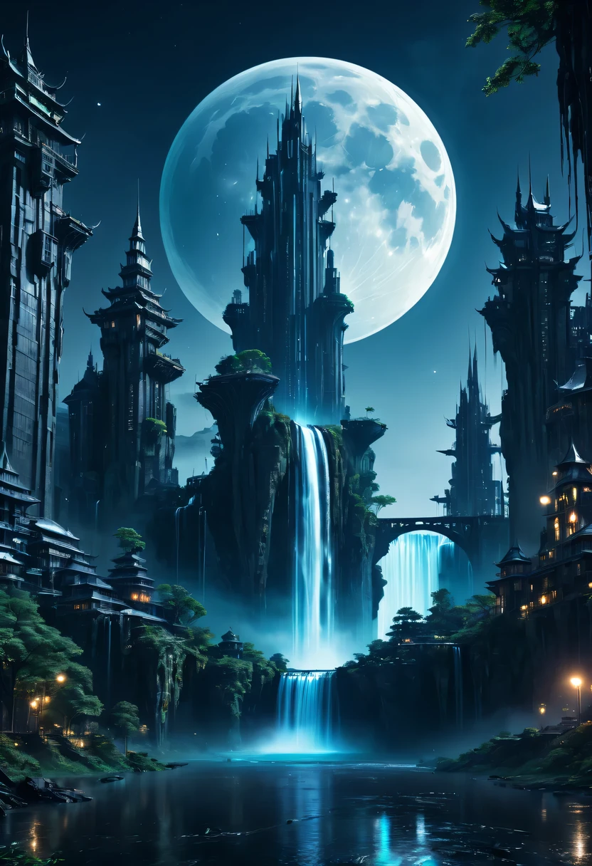 nighttime scene,Full moon night，Huge castles and skyscrapers floating in the sky cyberpunk alien world fantasy high quality ultra high definition utopia 8K giant waterfall nature