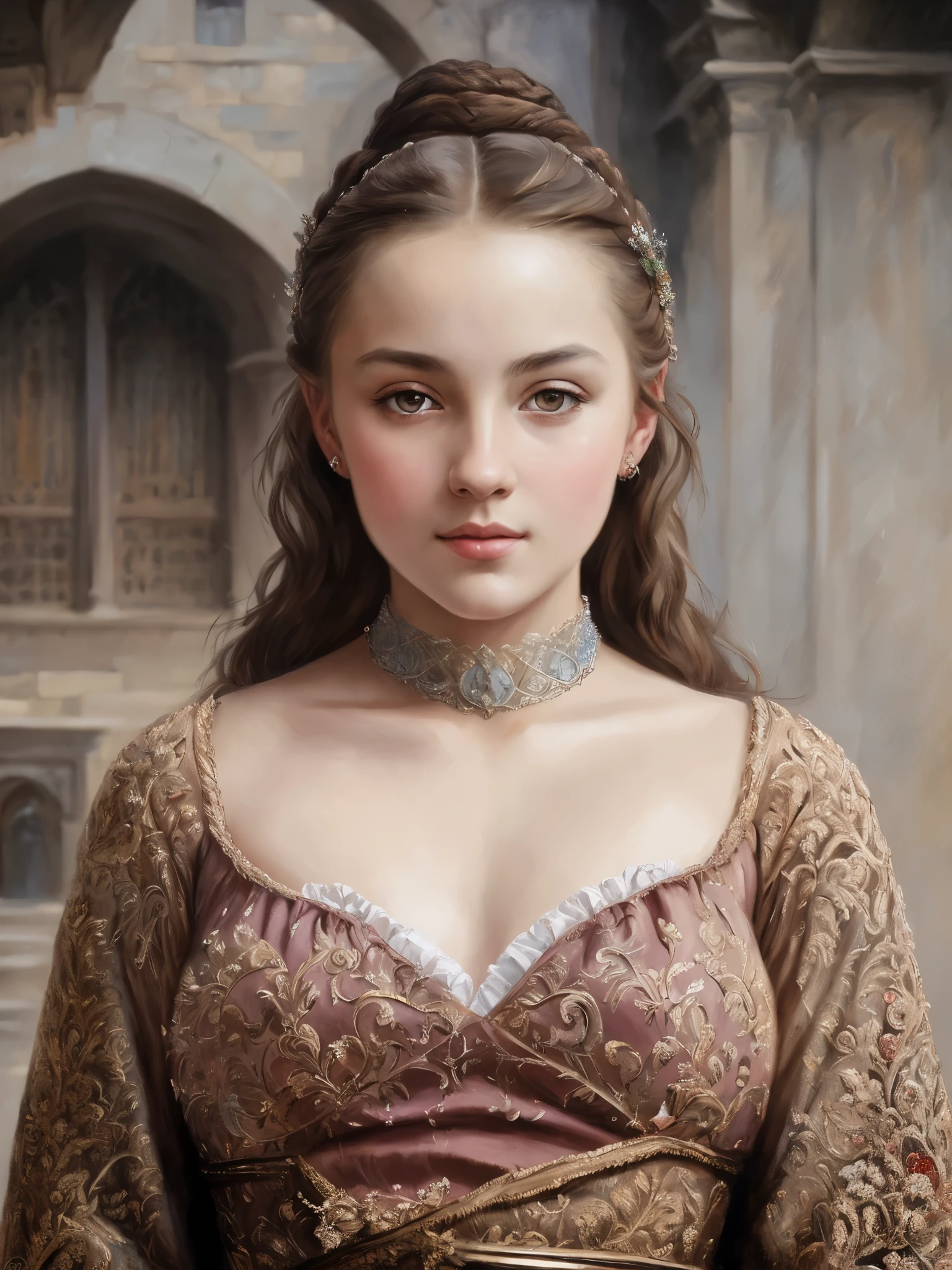 portrait, girl, middle ages, classicism, andrey atroshenko style, painting, traditional media, realistic, figurative, fine art, oil on canvas, HDR, 8K, original character, high resolution, high detail, focus on the face