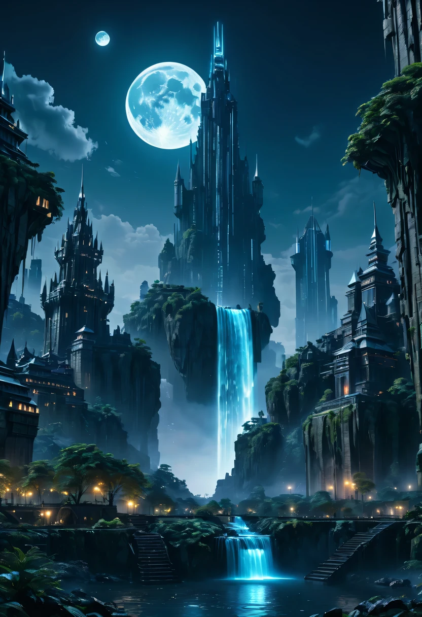 nighttime scene,Full moon night，Huge castles and skyscrapers floating in the sky cyberpunk alien world fantasy high quality ultra high definition utopia 8K giant waterfall nature