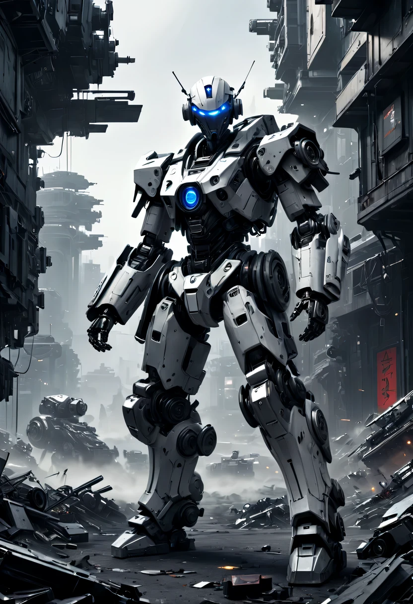Dark_Fantastical,cyber punk personage, (Best quality, tmasterpiece),The white,1人,Mechanical Wonder,Robotic presence,cybernetic guardians,Put on a cybernetic jacket,城市, Digital art of the highest quality, stunning art, Wallpaper 4k, The content is very detailed, military robot,army, warzone,black and The white, Digital art of the highest quality, stunning art, Wallpaper 4k,8K,64k, k hd, 无与伦比的tmasterpiece, 动态照明, Cinematic, epic, Damaged mechanical parts