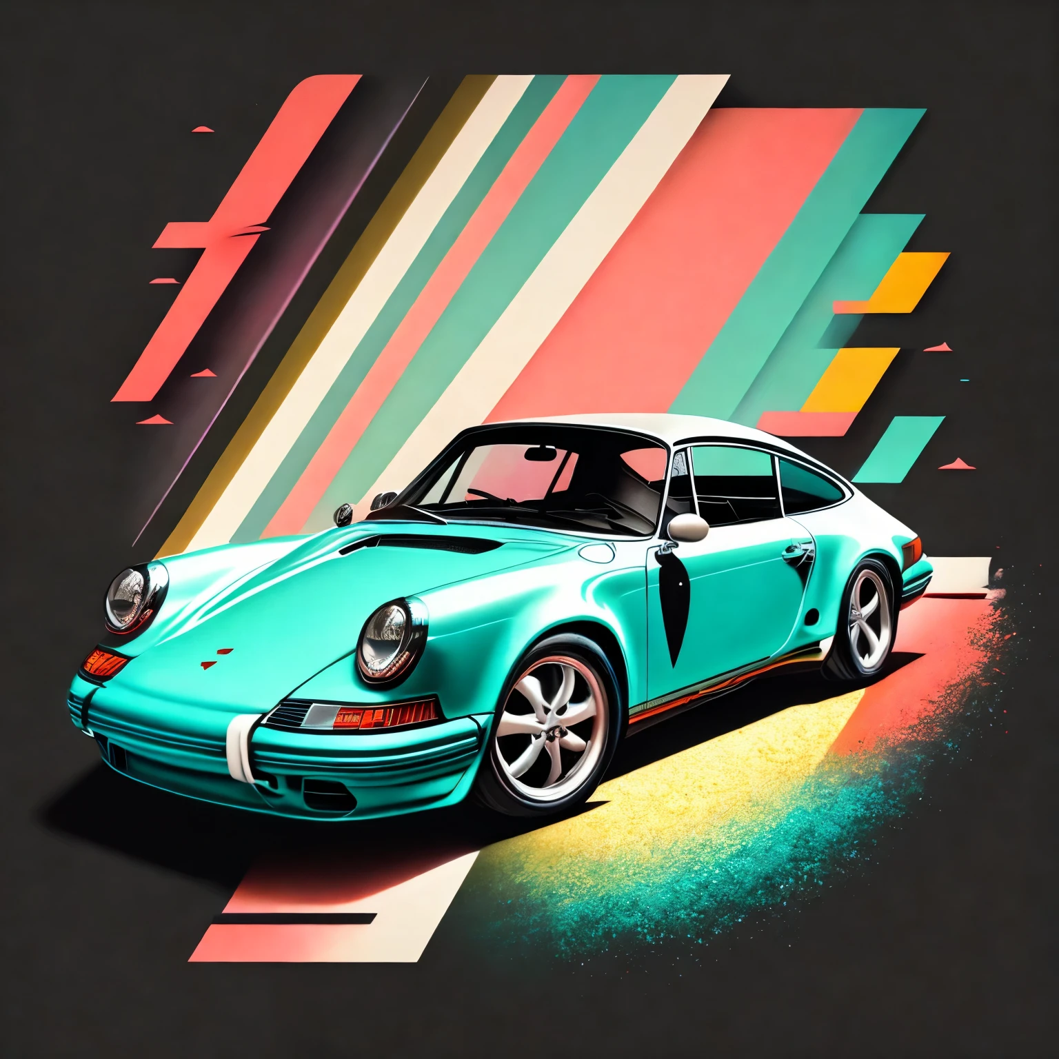 Artwork for t-shirt graphic design, a retro graphic design, Porsche 911, Calle Miami, Color suave de cuatro colores, Tono pastel vintage, Limpieza altamente detallada, imagen vectorial, Obra maestra realista, Professional Photography, coche realista,  fondo del amanecer del coche, fondo negro plano, Isometric, vector vibrante