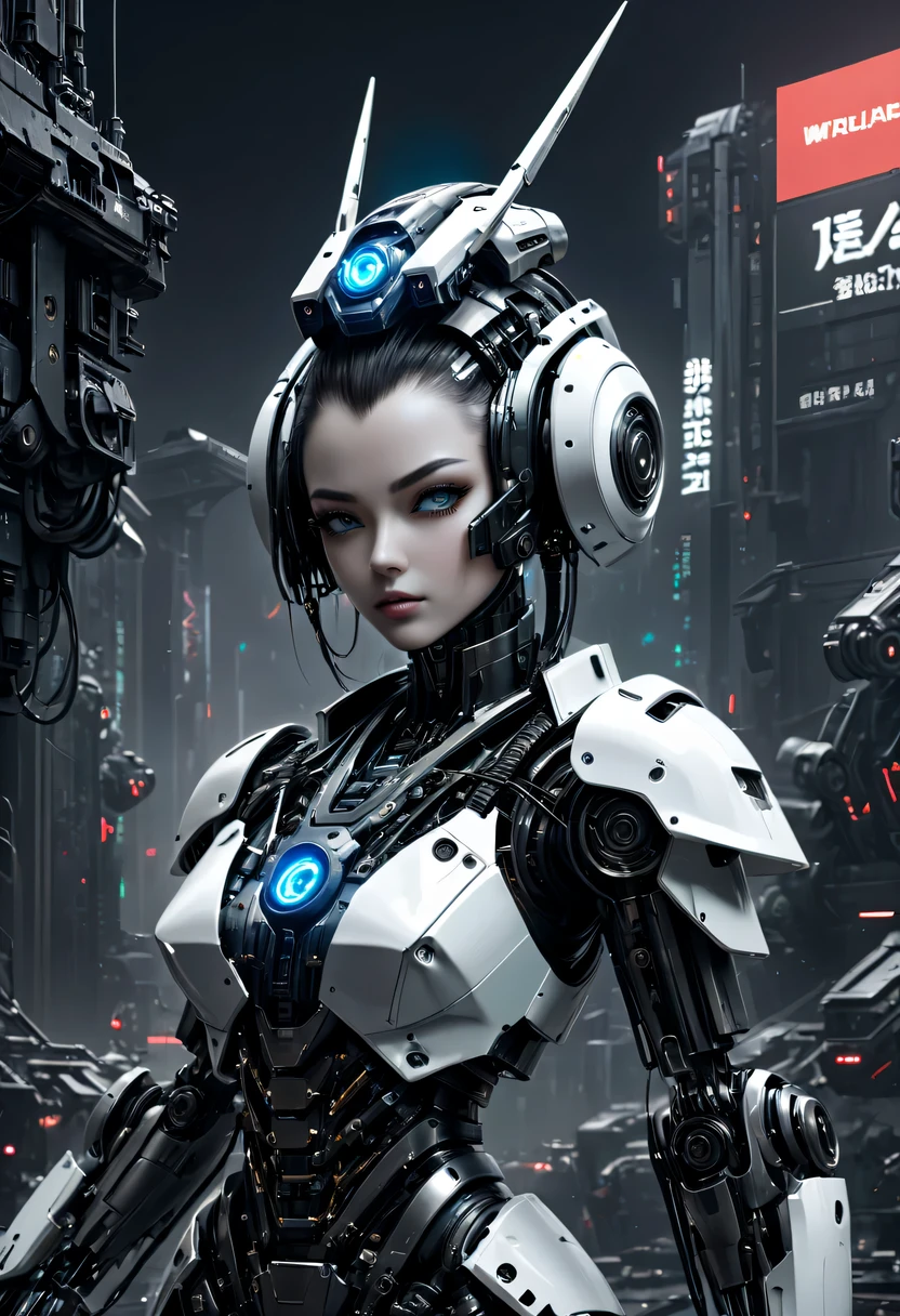 Dark_Fantastical,cyber punk personage, (Best quality, tmasterpiece),The white,1人,Mechanical Wonder,Robotic presence,cybernetic guardians,Put on a cybernetic jacket,城市, Digital art of the highest quality, stunning art, Wallpaper 4k, The content is very detailed, military robot,army, warzone,black and The white, Digital art of the highest quality, stunning art, Wallpaper 4k,8K,64k, k hd, 无与伦比的tmasterpiece, 动态照明, Cinematic, epic, Damaged mechanical parts