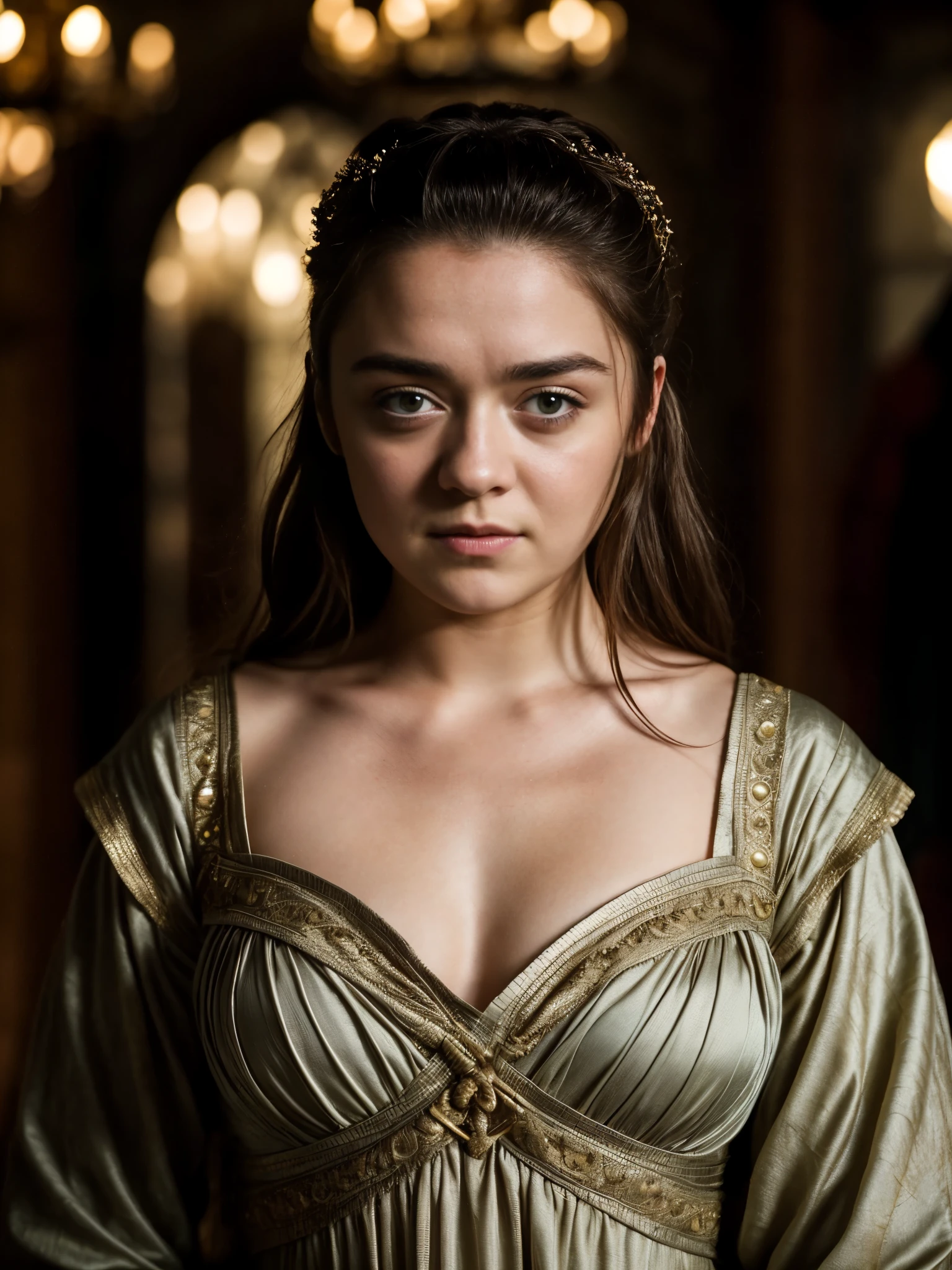 Foto RAW, Arya Stark, Extremely gorgeous lady, Arya Stark PLAYED BY MAISIE WILLIAMS, Queen Arya Stark, she a mature woman now, milf, sexy mediaeval battle dress, gladiator woman, body, 40 years old Woman, body revealing costumes, perky breast, skin pores, big natural breast, erotic costumes, lusty physique, seductive figure can capture every people's attention, Game of thrones costumes, revealing captivating figure, Mediaeval costumes, revealing clothes, A tomboy, she would rather fence than dance, warrior queen , game of thrones screen caps, Game of Thrones Series, (pele altamente detalhada: 1.2), 8k UHD, DSLR, soft-lighting, alta qualidade, grain of film, Fujifilm XT3, flawless picture, highly detailed, detailed Beauty, intricate, 32k, sharp picture,