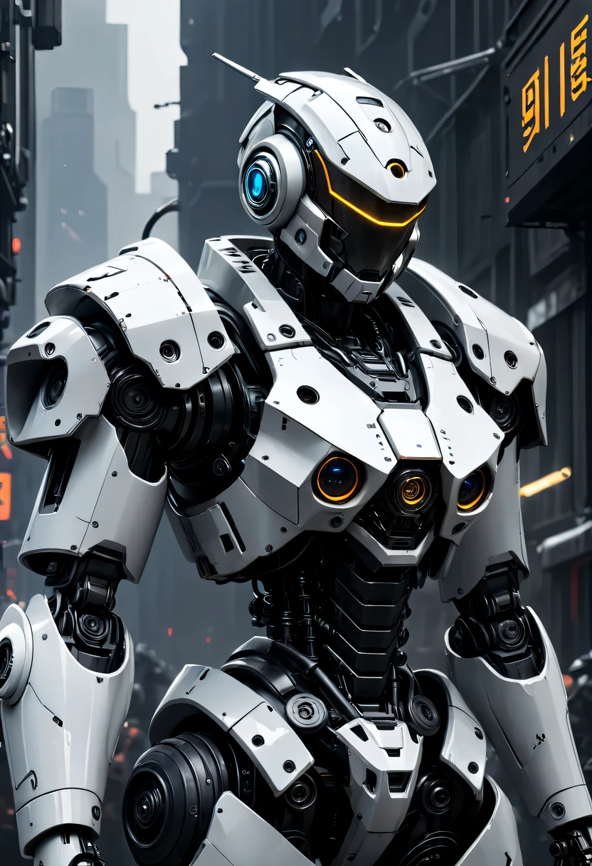 Dark_Fantastical,cyber punk personage, (Best quality, tmasterpiece),The white,1人,Mechanical Wonder,Robotic presence,cybernetic guardians,Put on a cybernetic jacket,城市, Digital art of the highest quality, stunning art, Wallpaper 4k, The content is very detailed, military robot,army, warzone,black and The white, Digital art of the highest quality, stunning art, Wallpaper 4k,8K,64k, k hd, 无与伦比的tmasterpiece, 动态照明, Cinematic, epic, Damaged mechanical parts