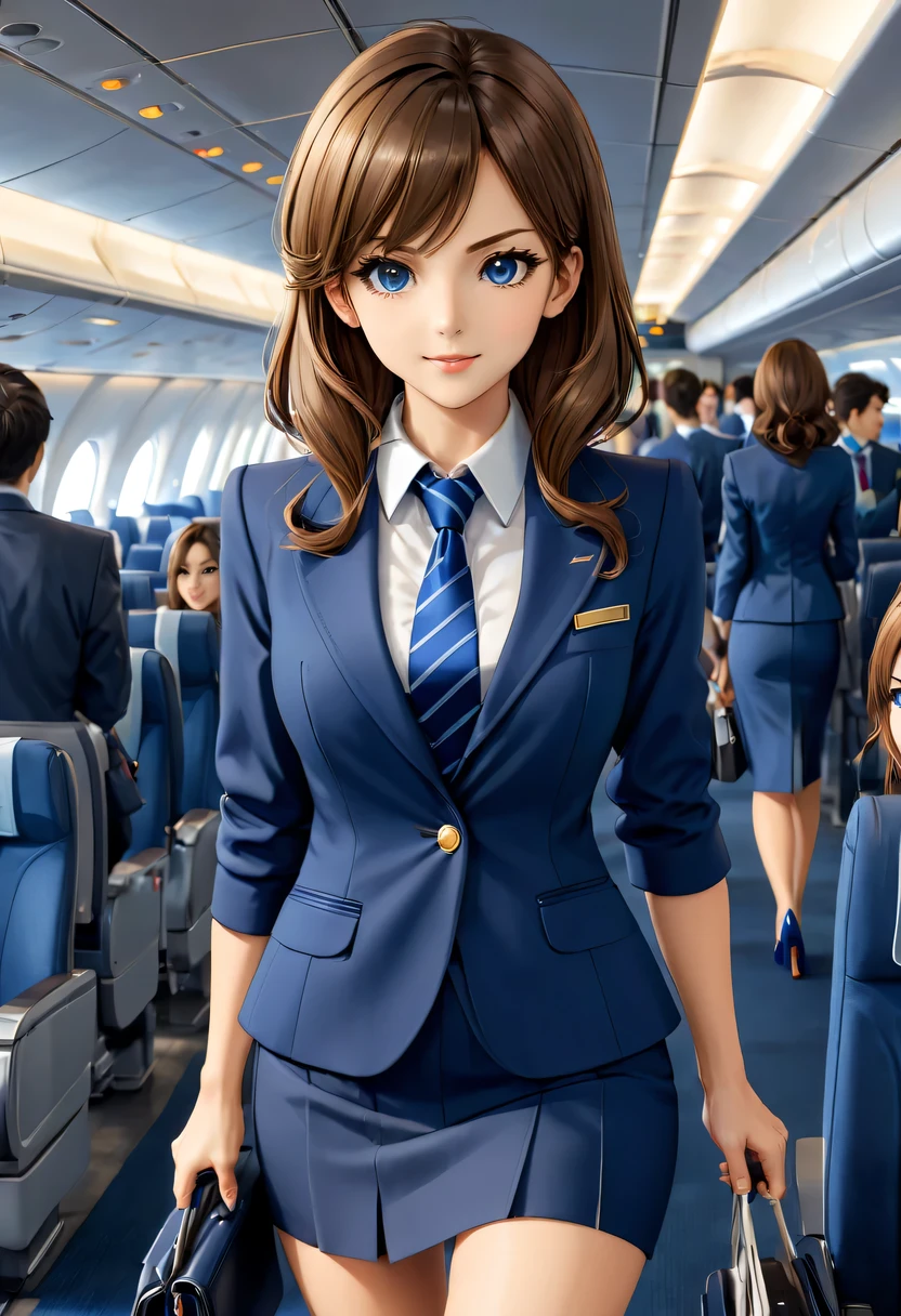 {{, Caucasians}}, looking at viewert, hazel eyes, The content is very detailed, middling, Brown hair, airport, stewardess, 校服, Blue blazer, a blue tie, blue skirts, Midskirt, pencil skirts, Blue high heels, Happy, Best quality, high high quality, The content is very detailed anime screencap, {{{{Squeeze, multiple girls, Thousands of sisters, Millions of sisters,Billions of sisters, clone, Doppelganger, Match your outfit, Match hairstyle}}}}, Full body lesbian