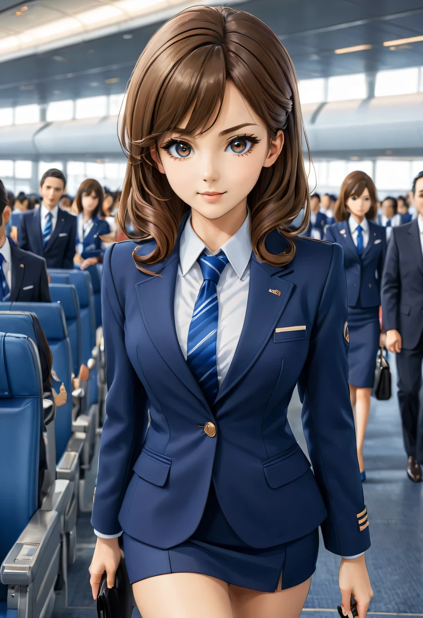 {{, Caucasians}}, looking at viewert, hazel eyes, The content is very detailed, middling, Brown hair, airport, stewardess, 校服, Blue blazer, a blue tie, blue skirts, Midskirt, pencil skirts, Blue high heels, Happy, Best quality, high high quality, The content is very detailed anime screencap, {{{{Squeeze, multiple girls, Thousands of sisters, Millions of sisters,Billions of sisters, clone, Doppelganger, Match your outfit, Match hairstyle}}}}, Full body lesbian