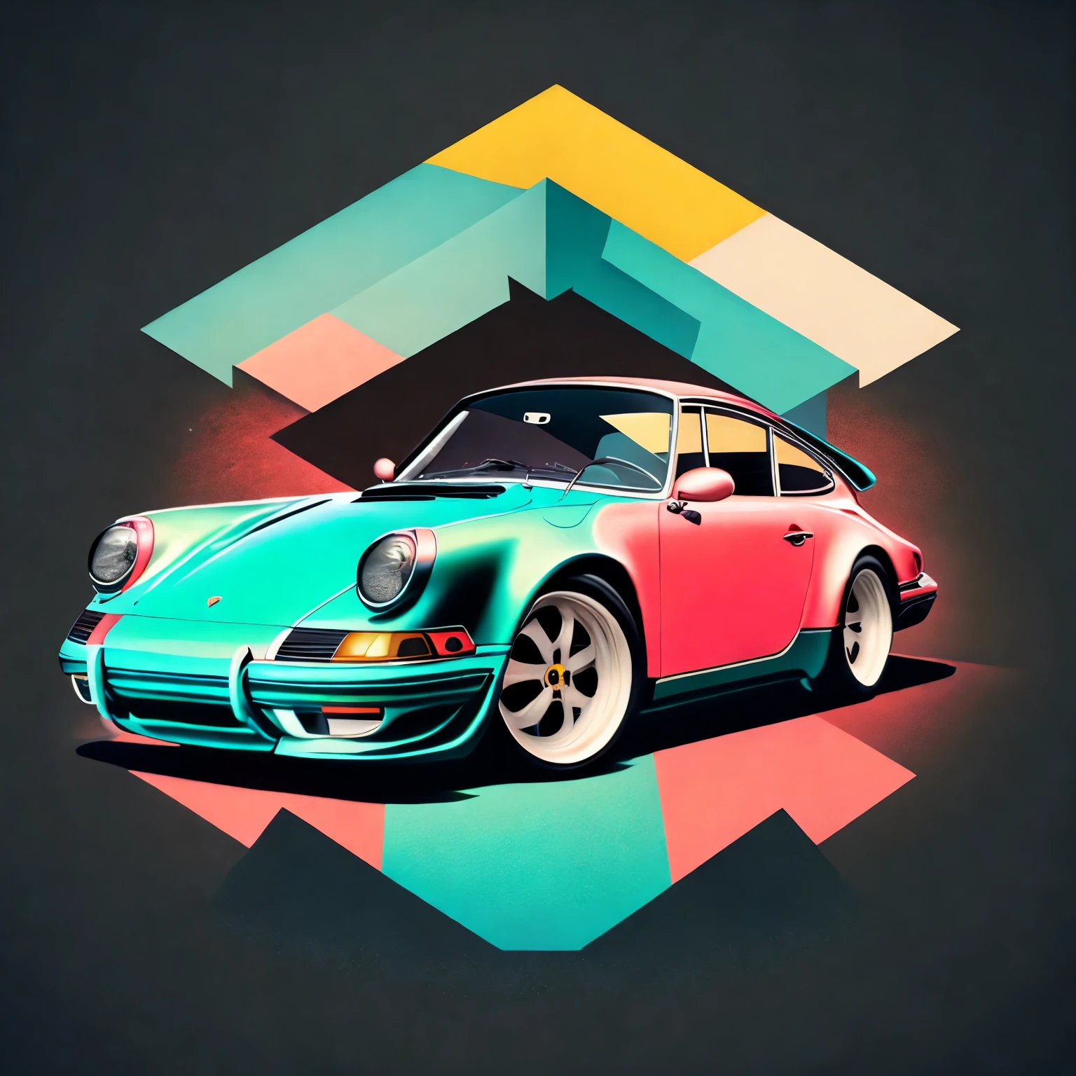 Artwork for t-shirt graphic design, a retro graphic design, Porsche 911, Calle Miami, Color suave de cuatro colores, Tono pastel vintage, Limpieza altamente detallada, imagen vectorial, Obra maestra realista, Professional Photography, coche realista,  fondo del amanecer del coche, fondo negro plano, Isometric, vector vibrante