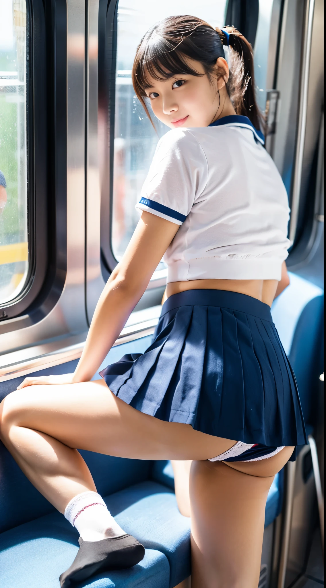 top-quality,ultra-detailliert,masterpiece,realisitic,写真realisitic,Bright lighting,1 girl in, an extremely beautiful , (kawaii:1.2),Thin smile, (brown eyelashless hair),(poneyTail),perfect glossy skin,flawless skin,((erotick,Sexy and sexually explicit)),((accurate hands without incongruity)), large full breasts,big breasts thin waist, Look at viewers,((a sailor suit)),((Short sleeve uniform white shirt)),(red necktie),(Blue Mini Pleated Skirt),(((skirt lift by yourself))),(lifted by self),(((Showing panties))),panties on,panties onフォーカス,((Sit up,spread legswide)), socks knee socks),(Loafer shoes), during daytime,On the train,Horizontal long seat with your back to the window、NSFW