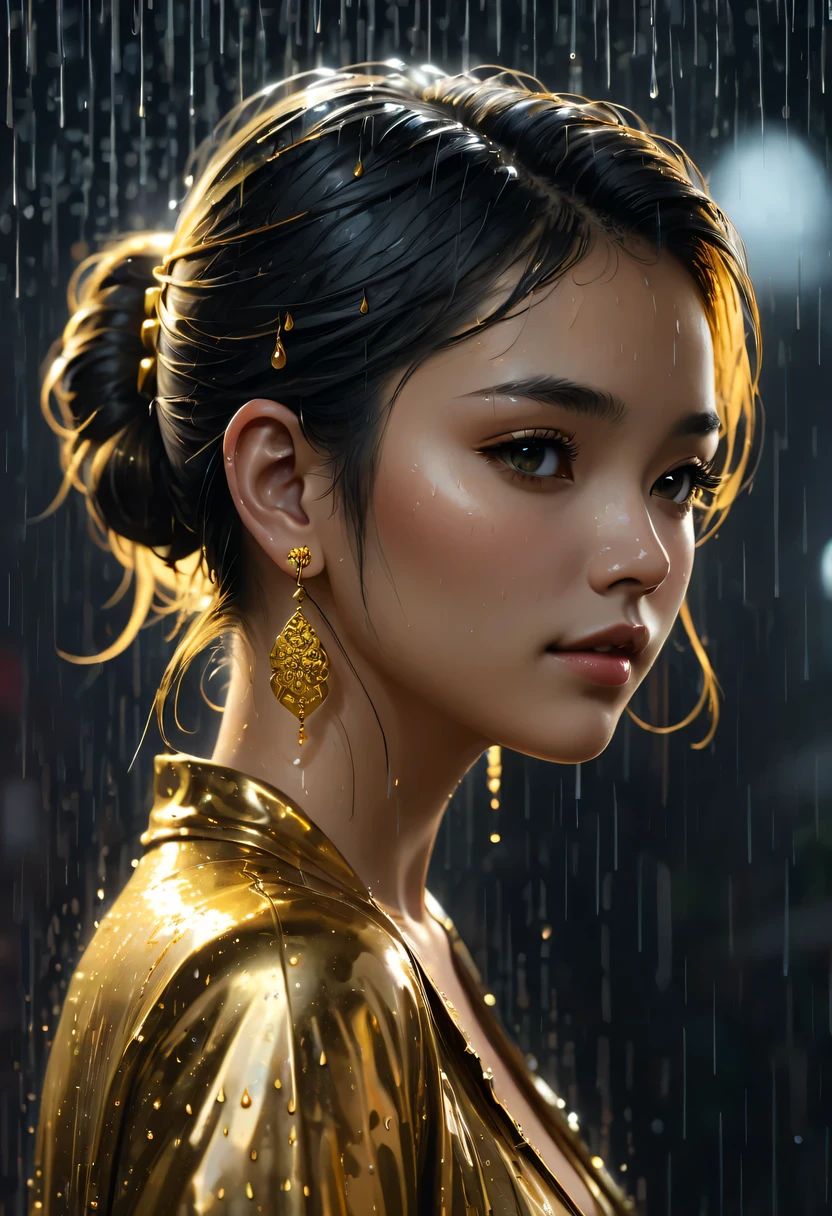 Sateen，city night scene, 现代city night scene，Vibrant neon lights, Bustling streets, Lively nightlife, KTV, Lively bar, Colorful graffiti, Luminous billboard,戴着金耳环的Sateen中女孩的金色纹身, Vray tracking style, At that time Martin, Yumei, Inverted, close up, Dark white and gold, speedpainting, tmasterpiece, Best quality at best,