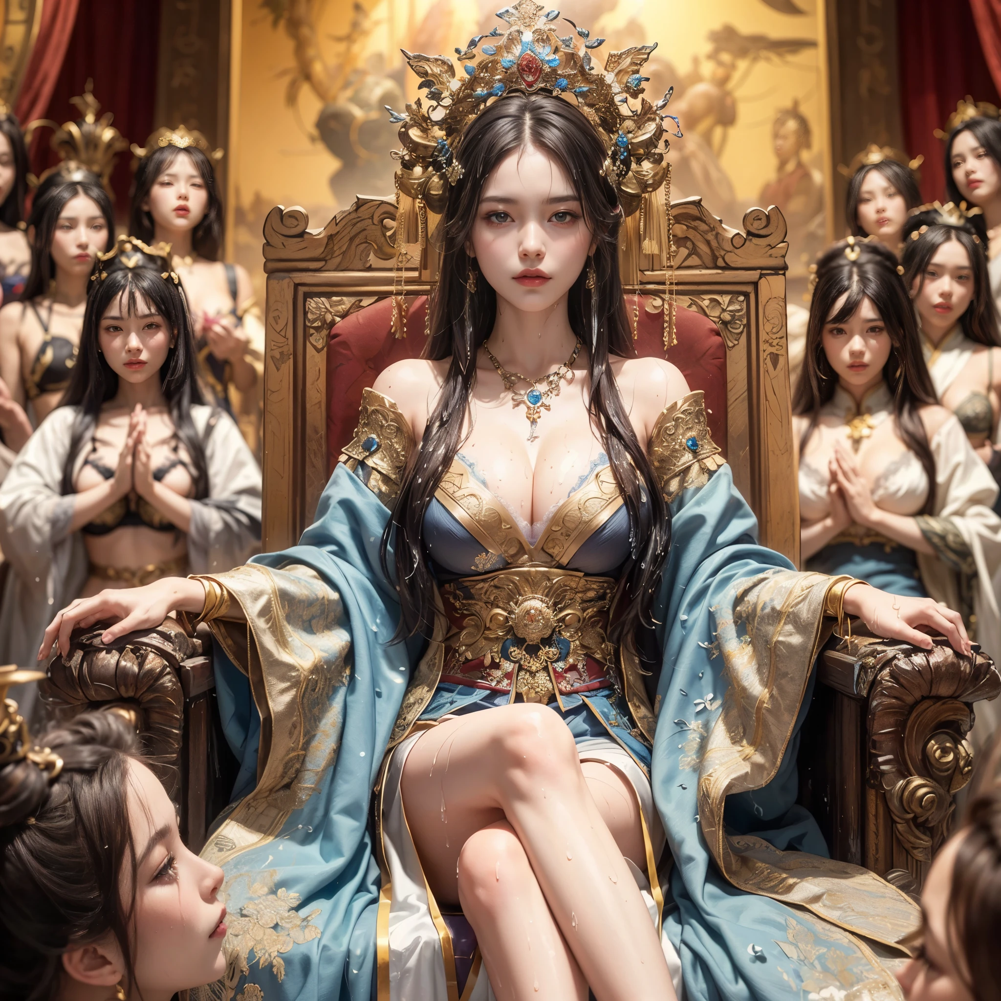 arafed image of a woman with large breast show cleaveage sitting on a traditional chinesse throne surrounded by other slave women, a beautiful fantasy empress, cgsociety and fenghua zhong, guweiz masterpiece, beautiful render of tang dynasty, ((a beautiful fantasy empress)), cgsociety masterpiece, inspired by Fenghua Zhong, awarded on cgsociety, cinematic cgsociety, masterpiece, best quality:1.2),,(8k,highres,RAW photo,realistic,photo-realistic:1.3),(detailed skin texture,detailed cloth texture,beautiful detailed face:1.25),professional lighting,photon mapping,beautiful soft light,radiosity,physically-based rendering,raytracing, model shoot style, model shoot style, (extremely detailed CG unity 8k wallpaper), full shot body photo of the most beautiful artwork in the world, ((nsfw)), (((black bra under wet shirt))), ((cannon camera)), ((professional photoshoot))