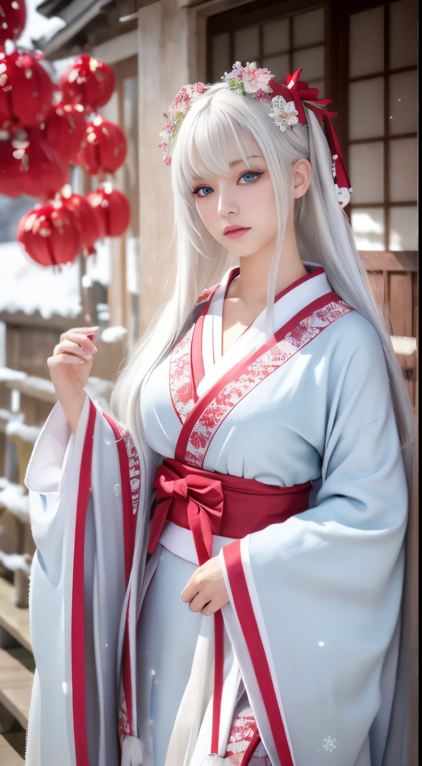 Photorealistic, High resolution, 1 Women, Solo, hips up high,(Lolita costume), Beautiful eyes, White hair, Ringed Eyes, (Yuki,cloaks,)、Japanese new year kimono、It's snowing