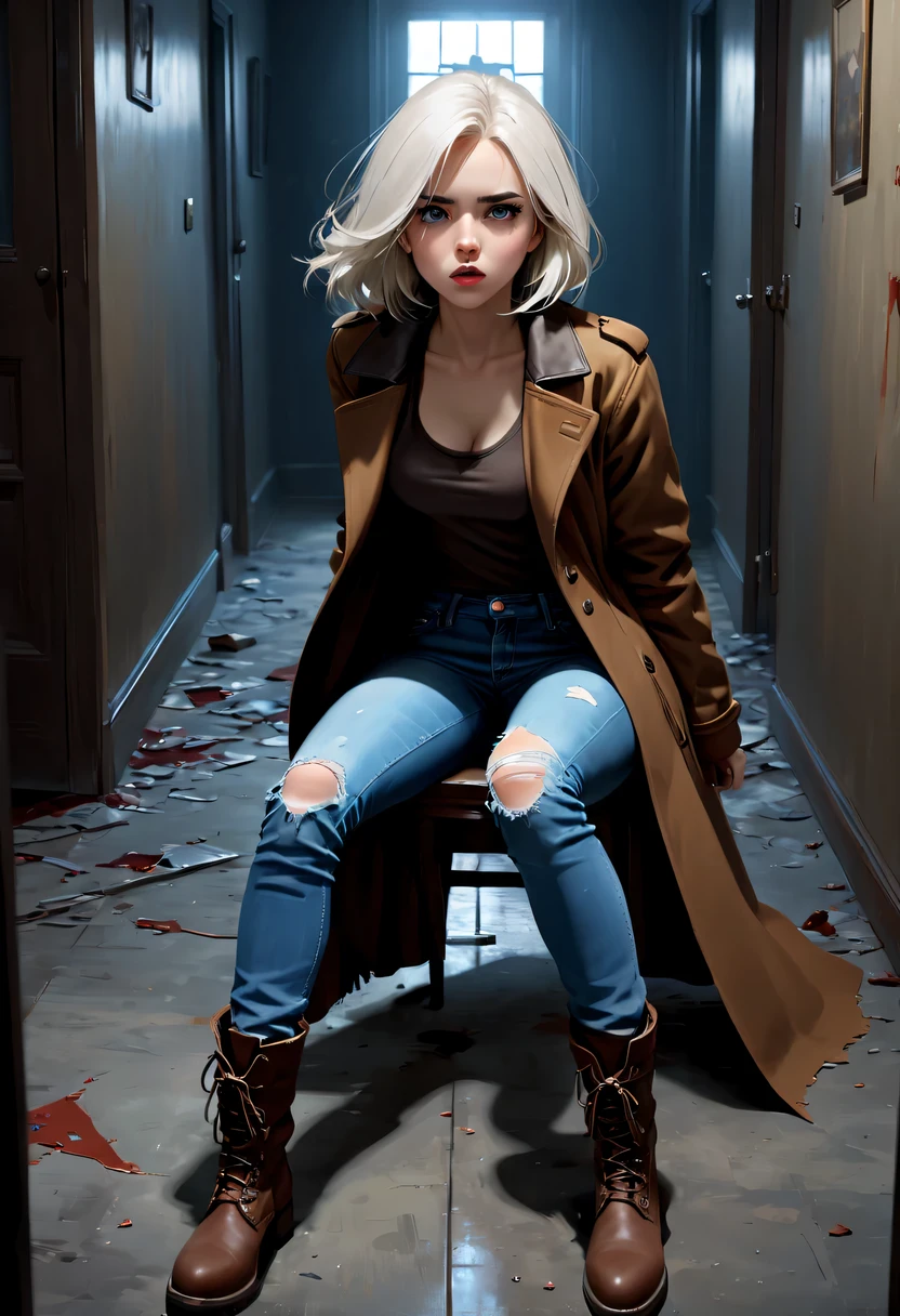 ((Suspense scenes ((concept-art)), Detail of a girl wearing blue jeans, and brown coat and boots..)), (better lighting, better shade, extremely fragile and scary), (Digital illustration), ((4K painting)), [(dynamic angle,((1 girl)),White hair, (Nice face, is a perfect face, Scared,) Scary expressions, Torn clothes, complete with guns in her hands, sitting down on the floor, Darkness, Horrible house),  [:(Dark, mistic, Game painting, sinister environment, zigzag corridor, Big house, Deathly silence):]