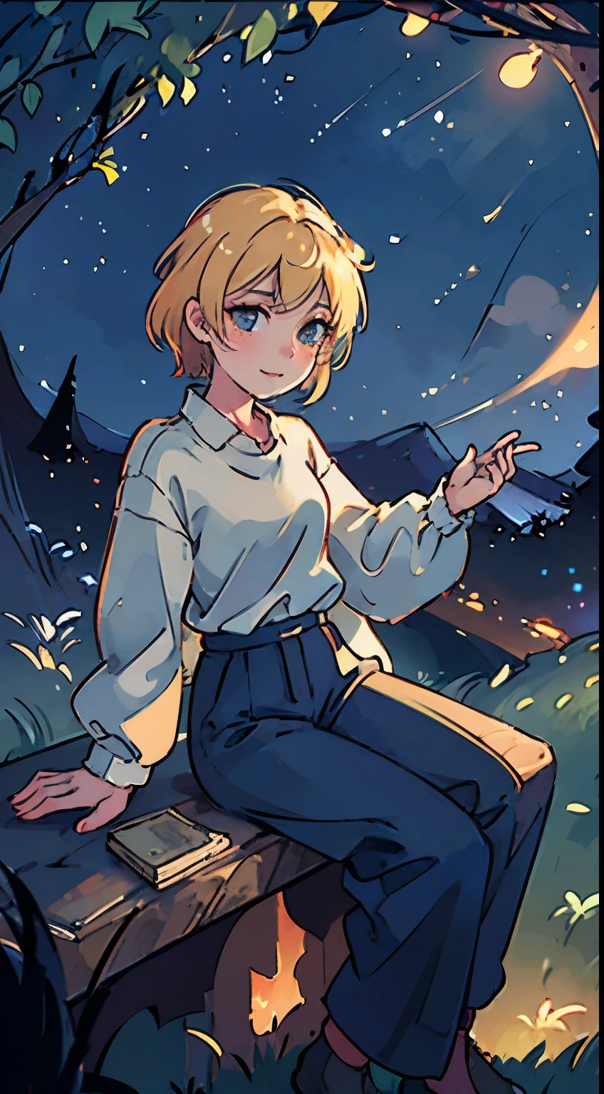 A young guy with blond hair in a loose shirt and trousers sits cross-legged in the grass, head raised up;, A slight smile, Fireflies, Shining stars, night  sky, detailing, 4k, hd, view from the grass, view from bottom
