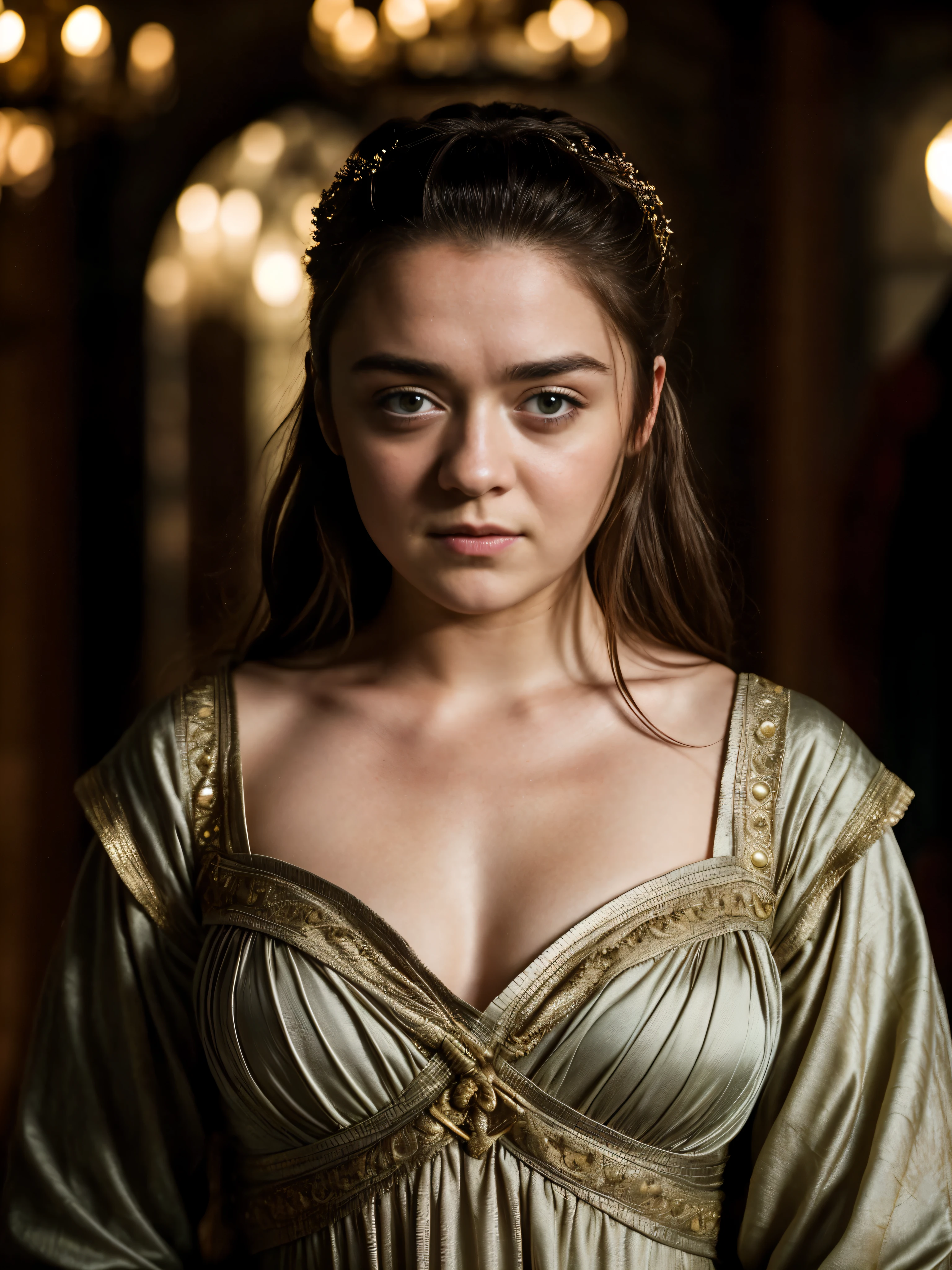 Foto RAW, Arya Stark, Extremely gorgeous lady, Arya Stark PLAYED BY MAISIE WILLIAMS, Queen Arya Stark, she a mature woman now, milf, sexy mediaeval battle dress, gladiator woman, body, 40 years old Woman, body revealing costumes, perky breast, skin pores, big natural breast, erotic costumes, lusty physique, seductive figure can capture every people's attention, Game of thrones costumes, revealing captivating figure, Mediaeval costumes, revealing clothes, A tomboy, she would rather fence than dance, warrior queen , game of thrones screen caps, Game of Thrones Series, (pele altamente detalhada: 1.2), 8k UHD, DSLR, soft-lighting, alta qualidade, grain of film, Fujifilm XT3, flawless picture, highly detailed, detailed Beauty, intricate, 32k, sharp picture,