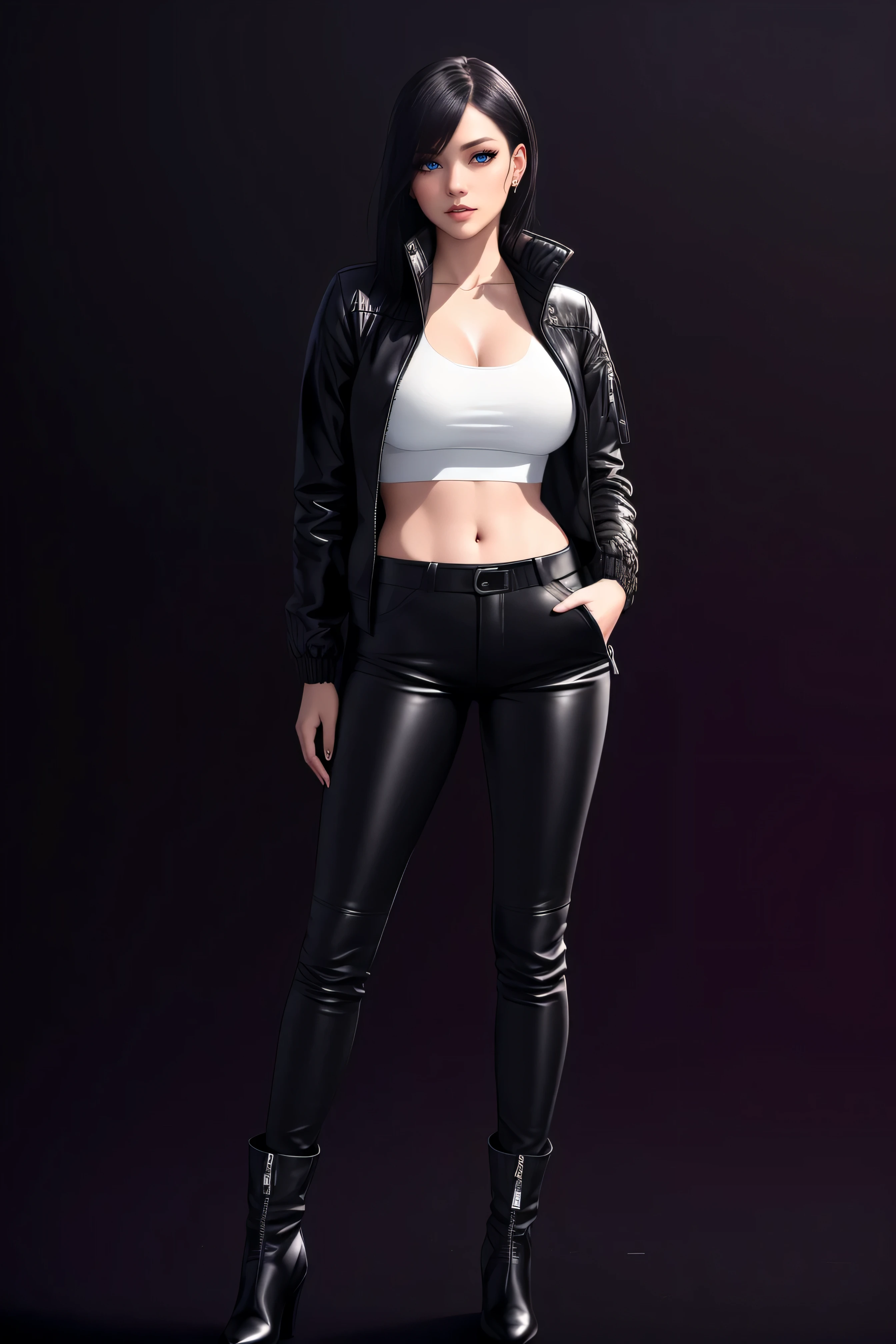 beautiful girl, ((standing:1.4)), (confident gaze:1.1), ((open jacket:1.4)), bright neon streaked black hair, ((realistic highly detailed eyes:1.4)), ((seductive pose:1.2)), large breasts, black eyeshadow, (street style wear:1.2), ((tight fitted pants)), ((knee high leather boots)), (dark city night black background:1.8), dark makeup, digital art, trending on artstation, highly detailed, fine detail, intricate, detailed facial features, sharp focus, smooth, aesthetic,