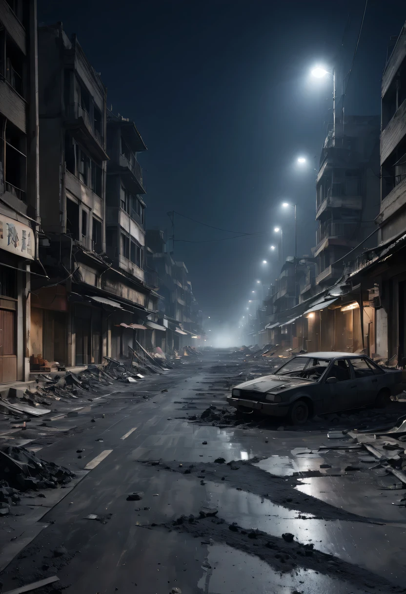arafed city street with cars and debris in the middle of it, destroyed city in the background, background is a city in ruins, realistic apocalyptic war scene, ominous apocalyptic background, apocalyptic city backround, post apocalyptic atmosphere, apocalyptic background, destroyed city, in a post apocalyptic city, post - apocalyptic city streets, bleak apocalyptic environment, post apocalyptic scene