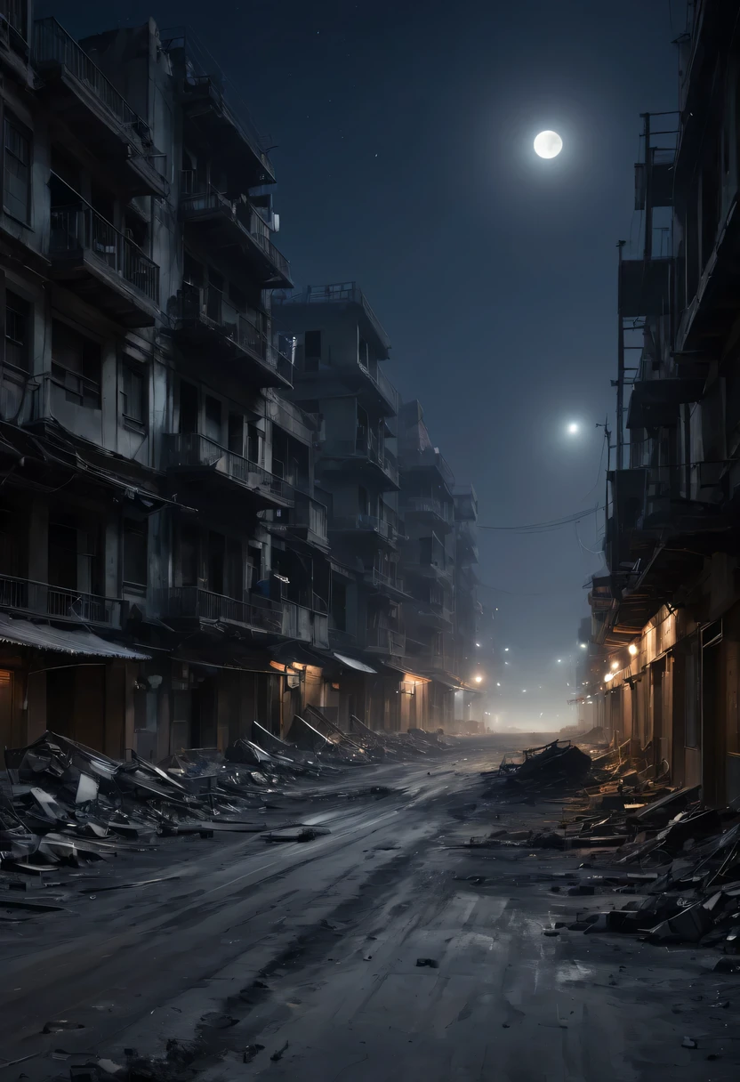 nighttime scene,满月之nighttime scene观, scenecy, without humans, buliding, wide wide shot, Semi-realistic, tmasterpiece, Focus sharp, ultra - detailed, Ridiculous resources, A high resolution, 动态照明, collapse, dusty, bitumen