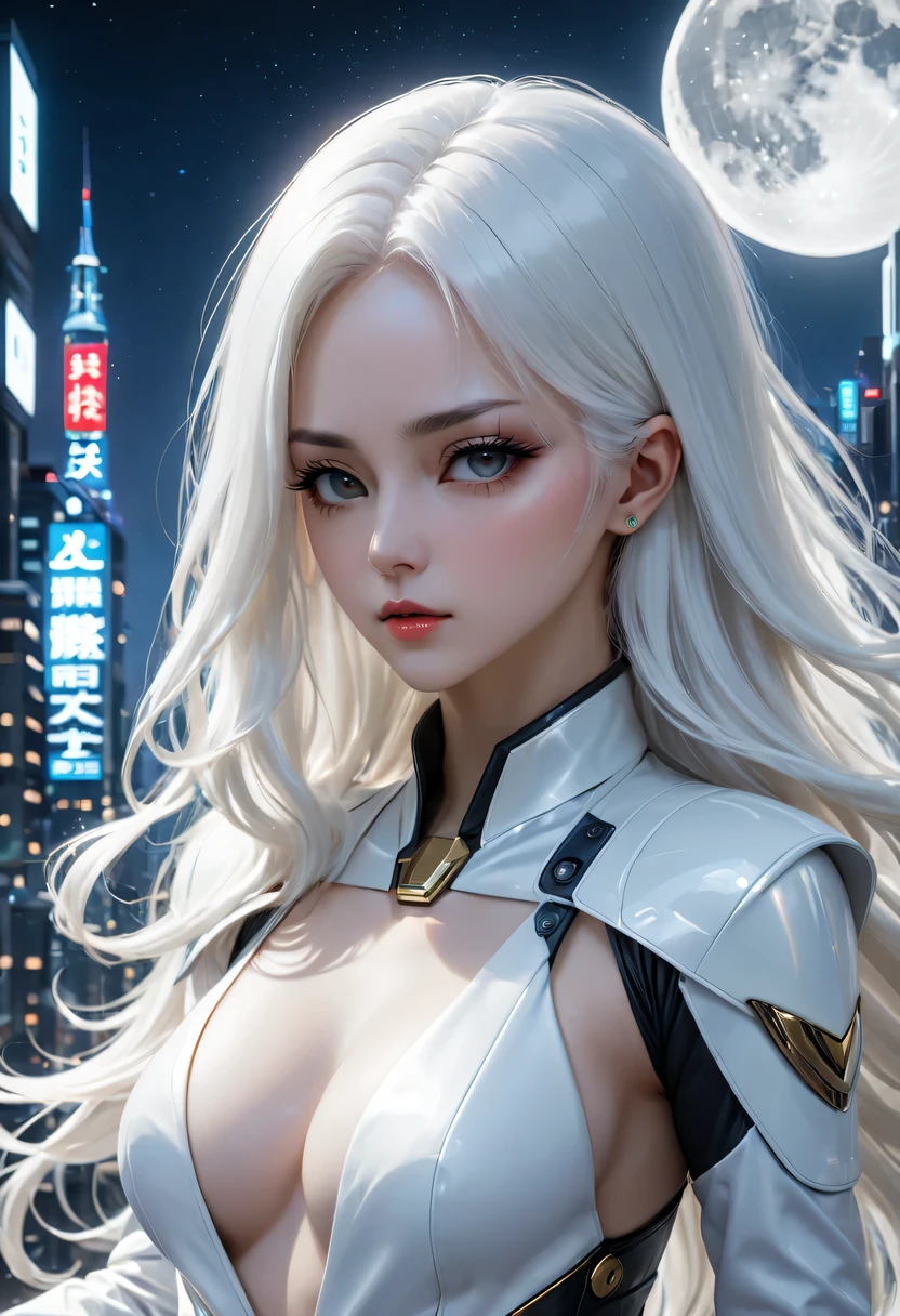 tmasterpiece, Best quality, (Alone focus), (is a perfect face:1.1), (high detal:1.1),theatrical, 1人, (pale-skinned), Long white hair, White eyes, Alone, Long gray hair, themoon, natta, white luxury suit, Overwritten navel, pouty, Overwritten, The cities of the future, detailedbackground, Art by Artgerm and Greg Rutkowski, 电影灯光,