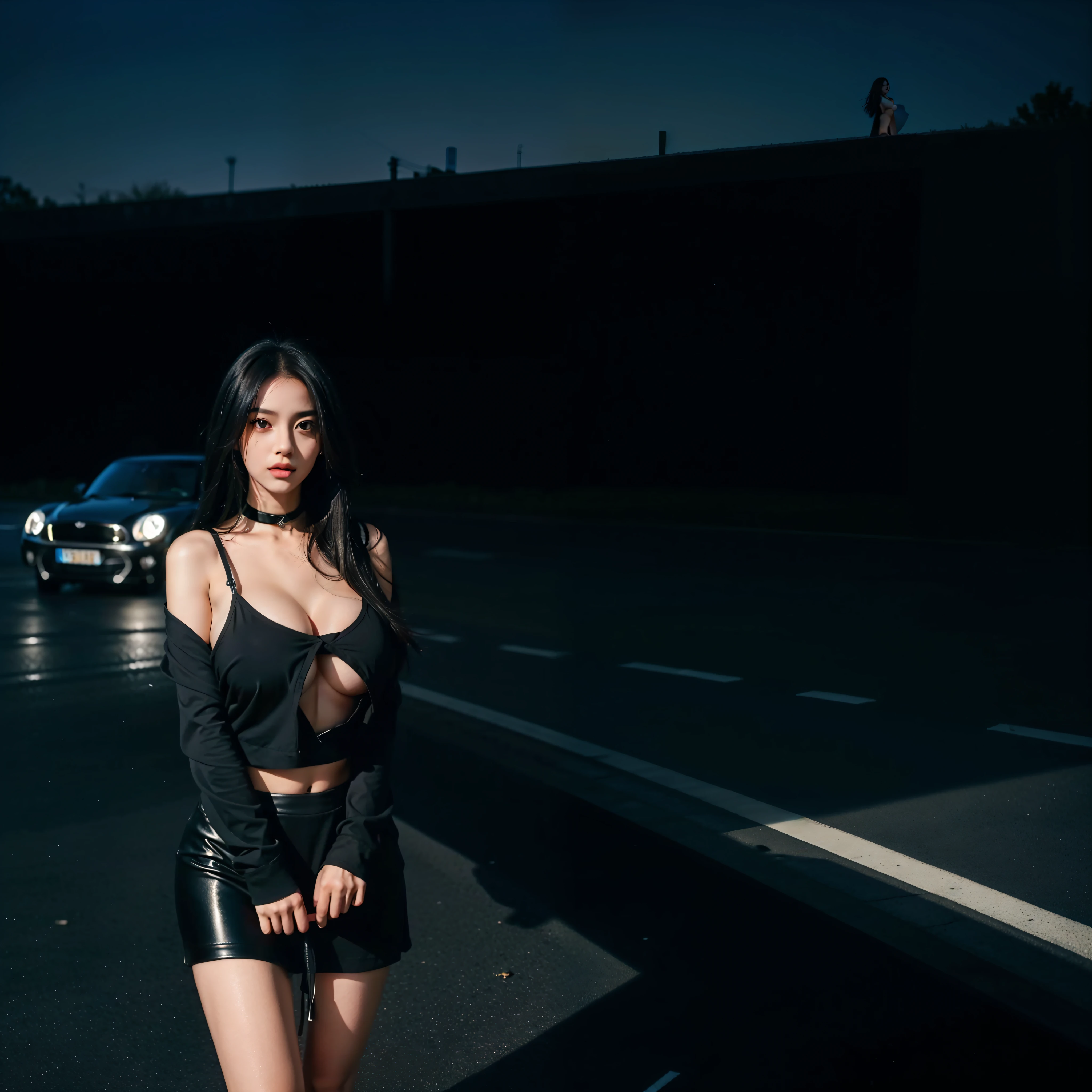 1girl, e-girl standing on a supercar,soft light, the most beautifull girl in the entire universe , (black straight long hair), ((big breast: 1.4)) , wearing black emo shirt, mini black skirt, standing in the road, in the middle of the night, a supercar parked in background, detailed face, wide shot