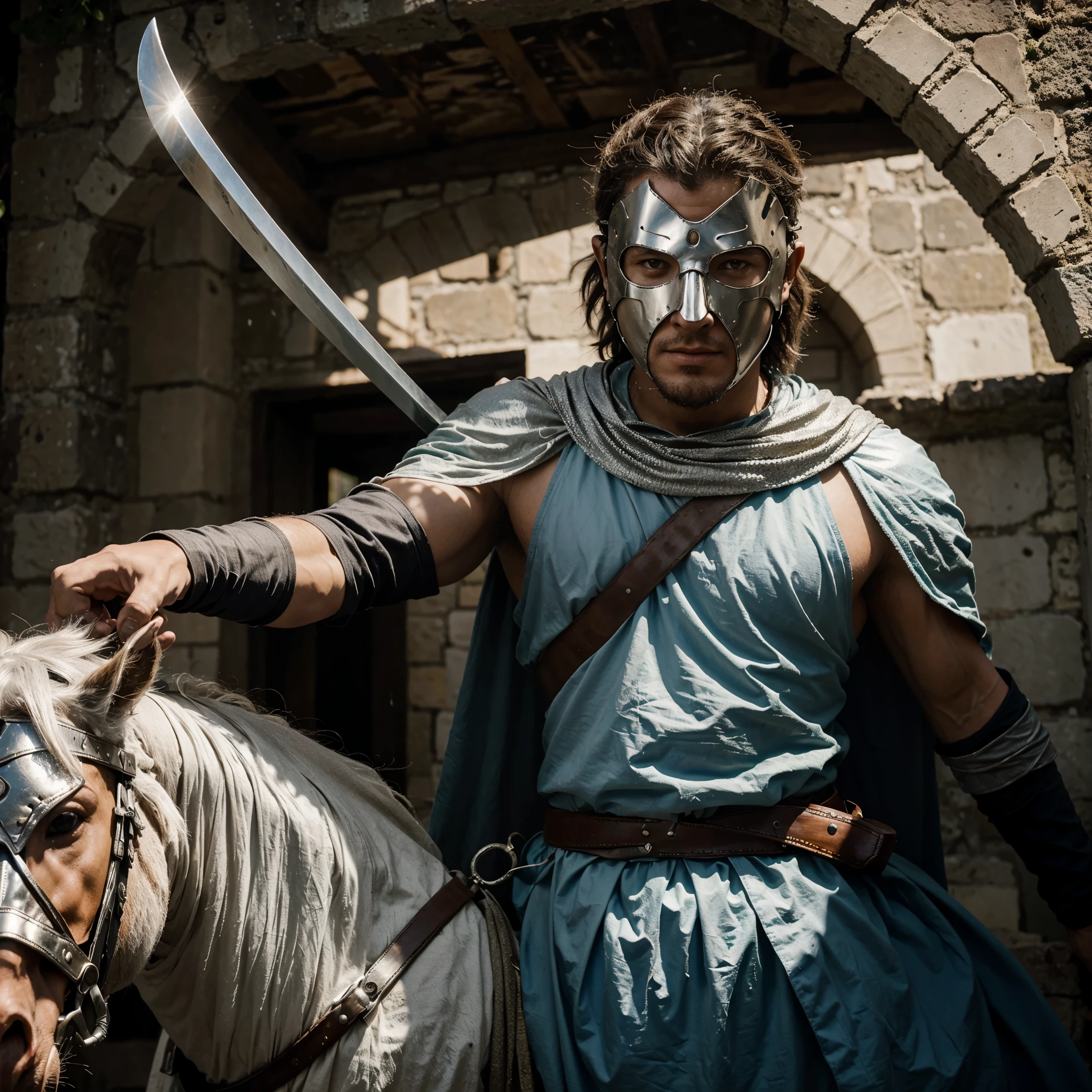 Quero uma imagem de balduino IV (o rei leproso) montado em seu cavalo,with a sword in his hand and his silver mask