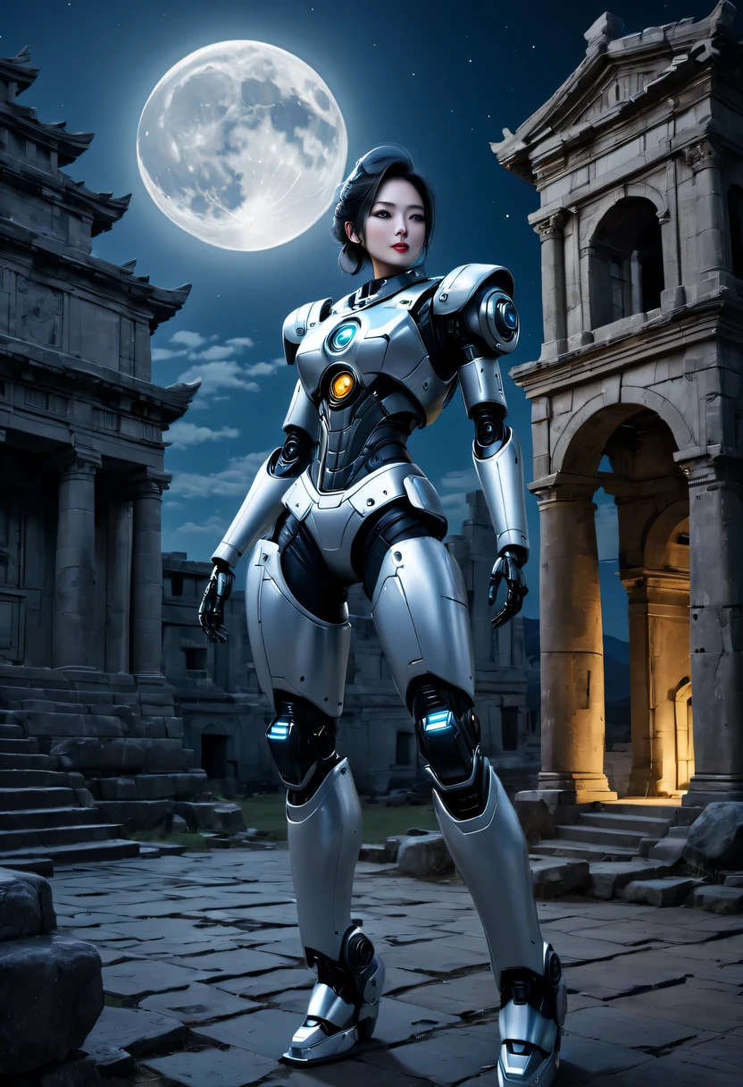 nighttime scene,Full moon night，There is a woman in a robot suit posing next to an ancient building,