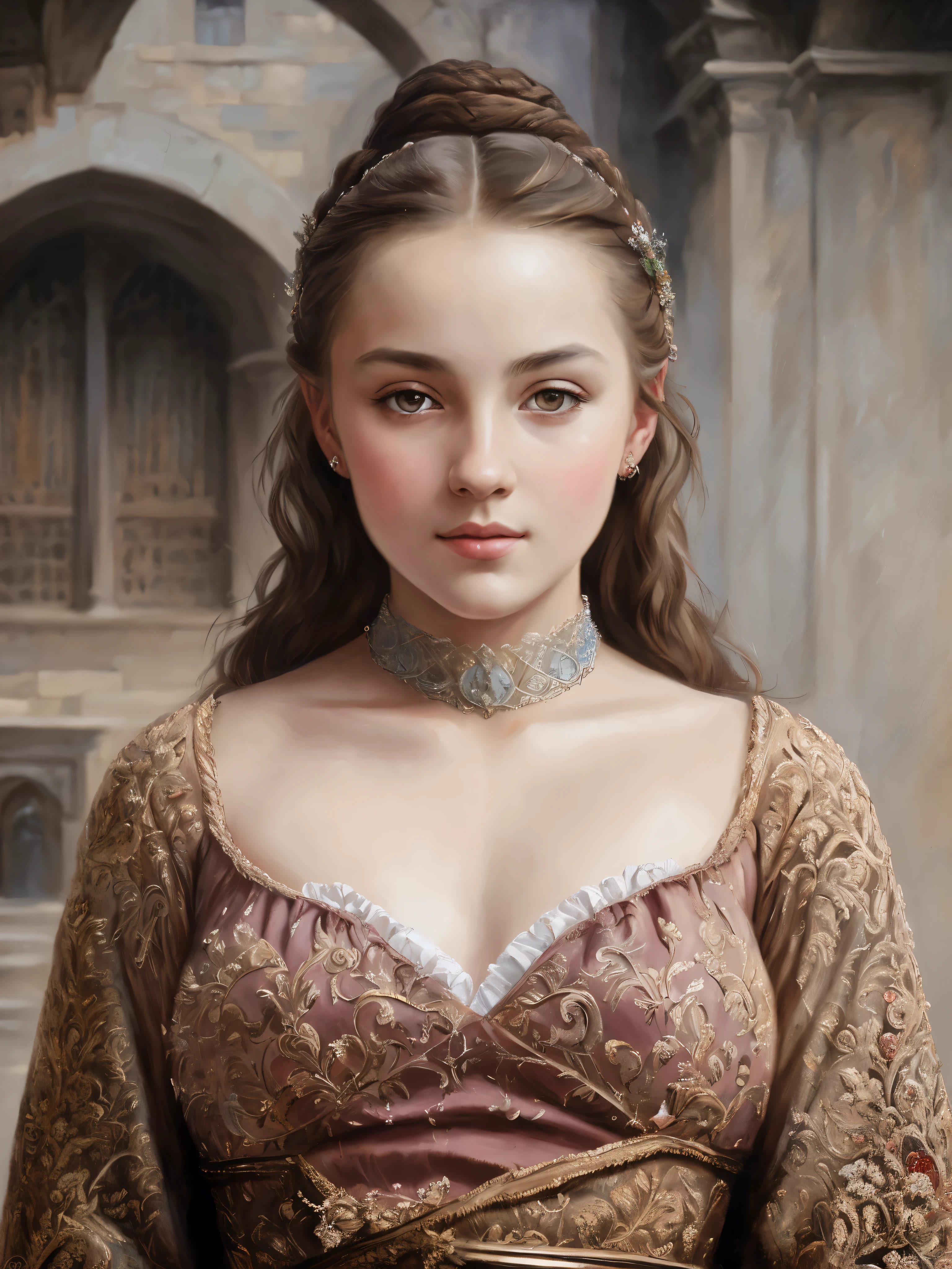 portrait, girl, middle ages, classicism, andrey atroshenko style, painting, traditional media, realistic, figurative, fine art, oil on canvas, HDR, 8K, original character, high resolution, high detail, focus on the face