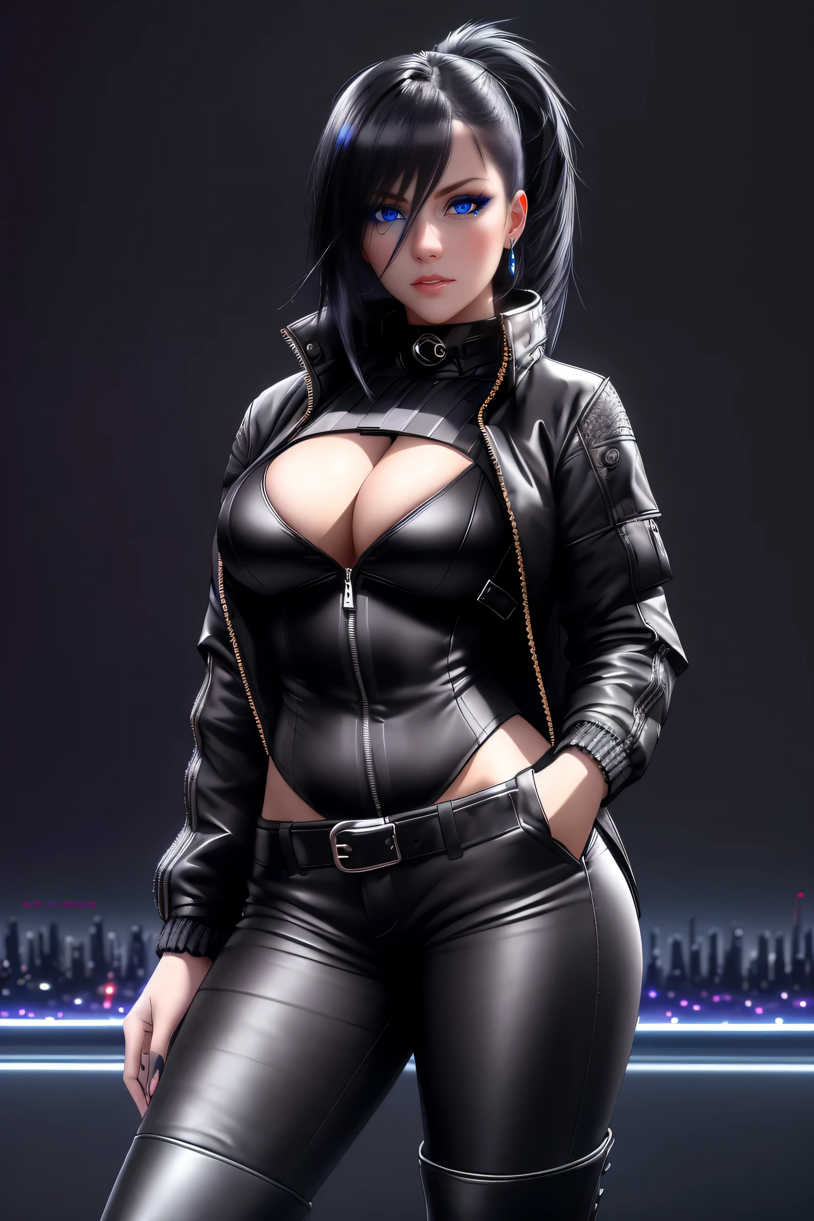 beautiful girl, ((standing:1.4)), (confident gaze:1.1), ((open jacket:1.4)), bright neon streaked black hair, ((realistic highly detailed eyes:1.4)), ((seductive pose:1.2)), large breasts, black eyeshadow, (street style wear:1.2), ((tight fitted pants)), ((knee high leather boots)), (dark city night black background:1.8), dark makeup, digital art, trending on artstation, highly detailed, fine detail, intricate, detailed facial features, sharp focus, smooth, aesthetic,