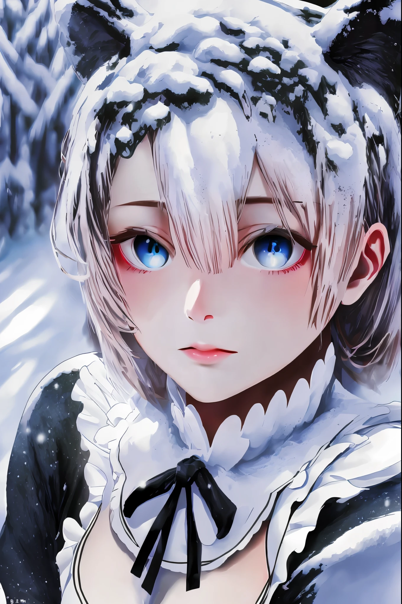 (best quality:1.2,highres,ultra-detailed,realistic:1.37),portrait,maid dress,blue eyes,background in snowy forest,ram
### illustrated:
- (best quality:1.2,highres,ultra-detailed,realistic:1.37): This part is the label used to specify the image quality,Indicates that you want to build high quality、Realistic images。
- portrait: This means that you want to generate a portrait,Maid outfit theme。
- maid dress: This section describes the details of the maid outfit,Make the character image more clear。
- blue eyes: Describe the character's eyes as blue,to ensure that this feature is preserved when generating images。
- background in snowy forest: The background describing the character is a forest scene with snow。
- ram: add a detail,There is a ram next to the character,To enhance the fun and storytelling of the picture。