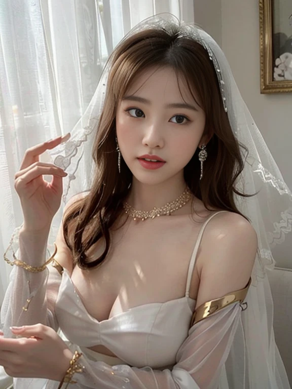 hide behind a lace curtain:1.2、silhuette:1.2、front facing、I can only see your face、Particles of light:0.5、(Sexy white belly dance costume with beautiful and luxurious decorations:1.5)、((Gold bangles and ankle rings with luxurious details)(Luxurious gold necklace with large gemstones)(gold circlet)(lace white veil)(Falling white petals:1.2)face perfect,flawless perfection,Colossal tits,Small breasts,drooping chest,slim,being thin,swollen breasts,crisp breasts while breastfeeding,lactation,small breasts with rounded upturn,