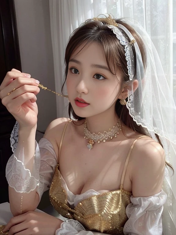 hide behind a lace curtain:1.2、silhuette:1.2、front facing、I can only see your face、Particles of light:0.5、（Sexy white belly dance costume with beautiful and luxurious decorations:1.5）、（(Gold bangles and ankle rings with luxurious details）（Luxurious gold necklace with large gemstones）（gold circlet）（lace white veil）（Falling white petals:1.2）face perfect，flawless perfection，Colossal tits，Small breasts，drooping chest，slim，being thin，swollen breasts，crisp breasts while breastfeeding，lactation，small breasts with rounded upturn，