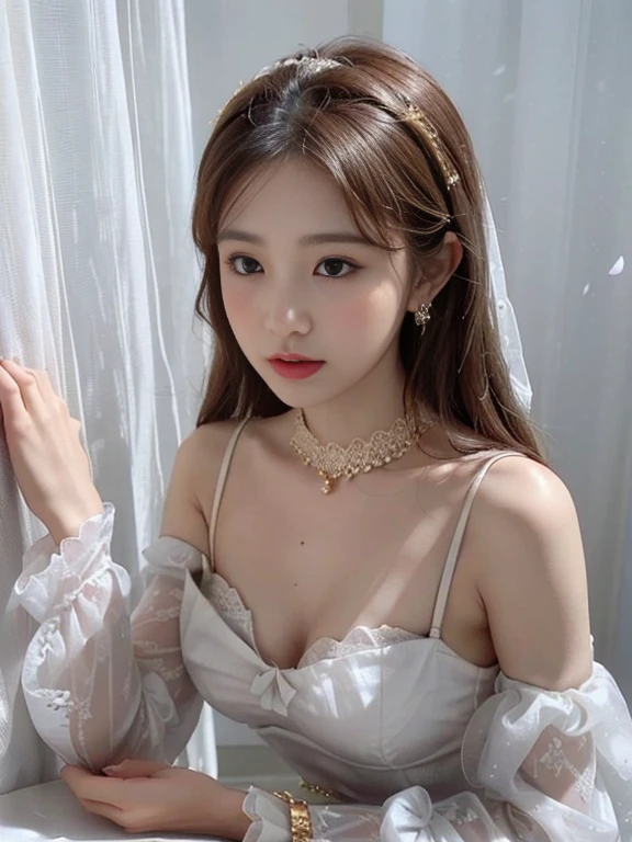 hide behind a lace curtain:1.2、silhuette:1.2、front facing、I can only see your face、Particles of light:0.5、(Sexy white belly dance costume with beautiful and luxurious decorations:1.5)、((Gold bangles and ankle rings with luxurious details)(Luxurious gold necklace with large gemstones)(gold circlet)(lace white veil)(Falling white petals:1.2)face perfect,flawless perfection,Colossal tits,Small breasts,drooping chest,slim,being thin,swollen breasts,crisp breasts while breastfeeding,lactation,small breasts with rounded upturn,