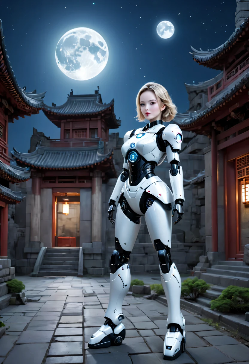 nighttime scene,Full moon night,There is a woman in a robot suit posing next to an ancient building, Beautiful white girl robot, cute robot-girl, Pretty girl robot, 完美的robot-girl, robot-girl, young robot lady, beautiful female android, beautiful android woman, robot-girl, perfect robot woman, Chinese robot, female android, Beautiful robot image