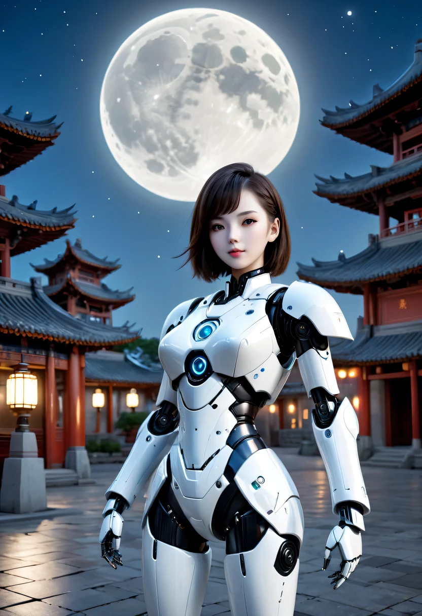 nighttime scene,Full moon night，There is a woman in a robot suit posing next to an ancient building, Beautiful white girl robot, cute robot-girl, Pretty girl robot, 完美的robot-girl, robot-girl, young robot lady, beautiful female android, beautiful android woman, robot-girl, perfect robot woman, Chinese robot, female android, Beautiful robot image