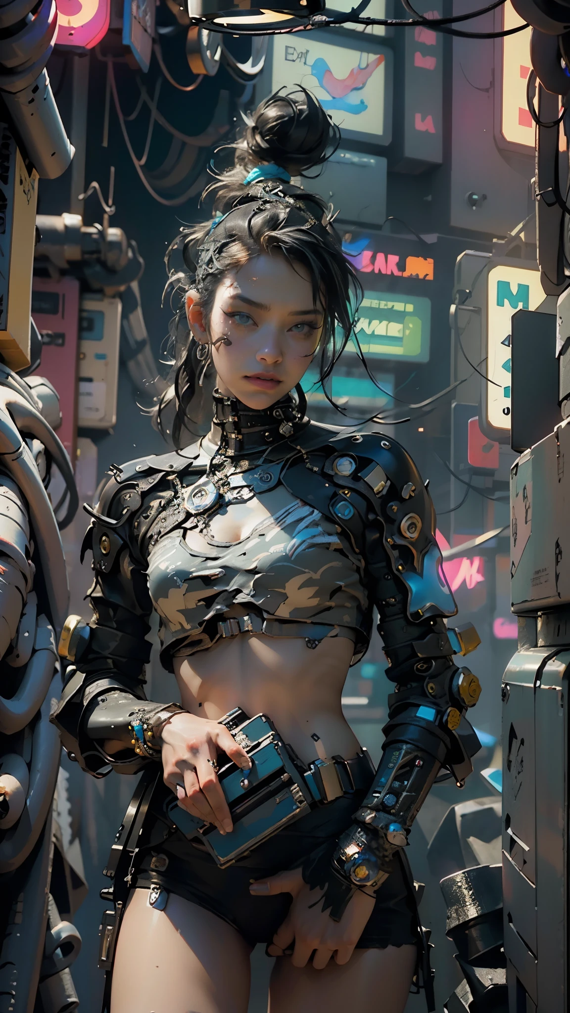 ((Best quality)), ((masterpiece)), (highly detailed:1.3), 3D, beautiful (cyberpunk:1.3) hacker woman with straight black hair operating a computer terminal, nsfw