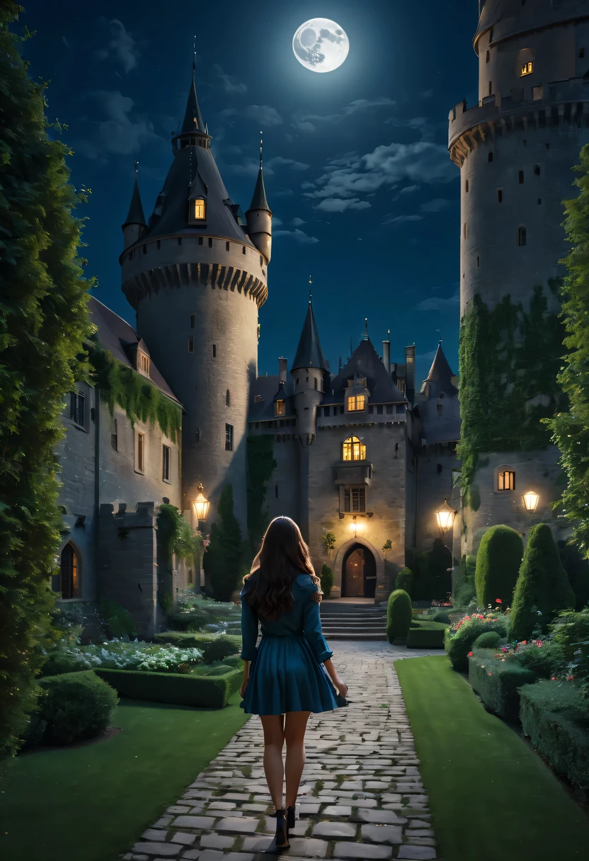 Full moon night，A brunette girl walks in the castle garden