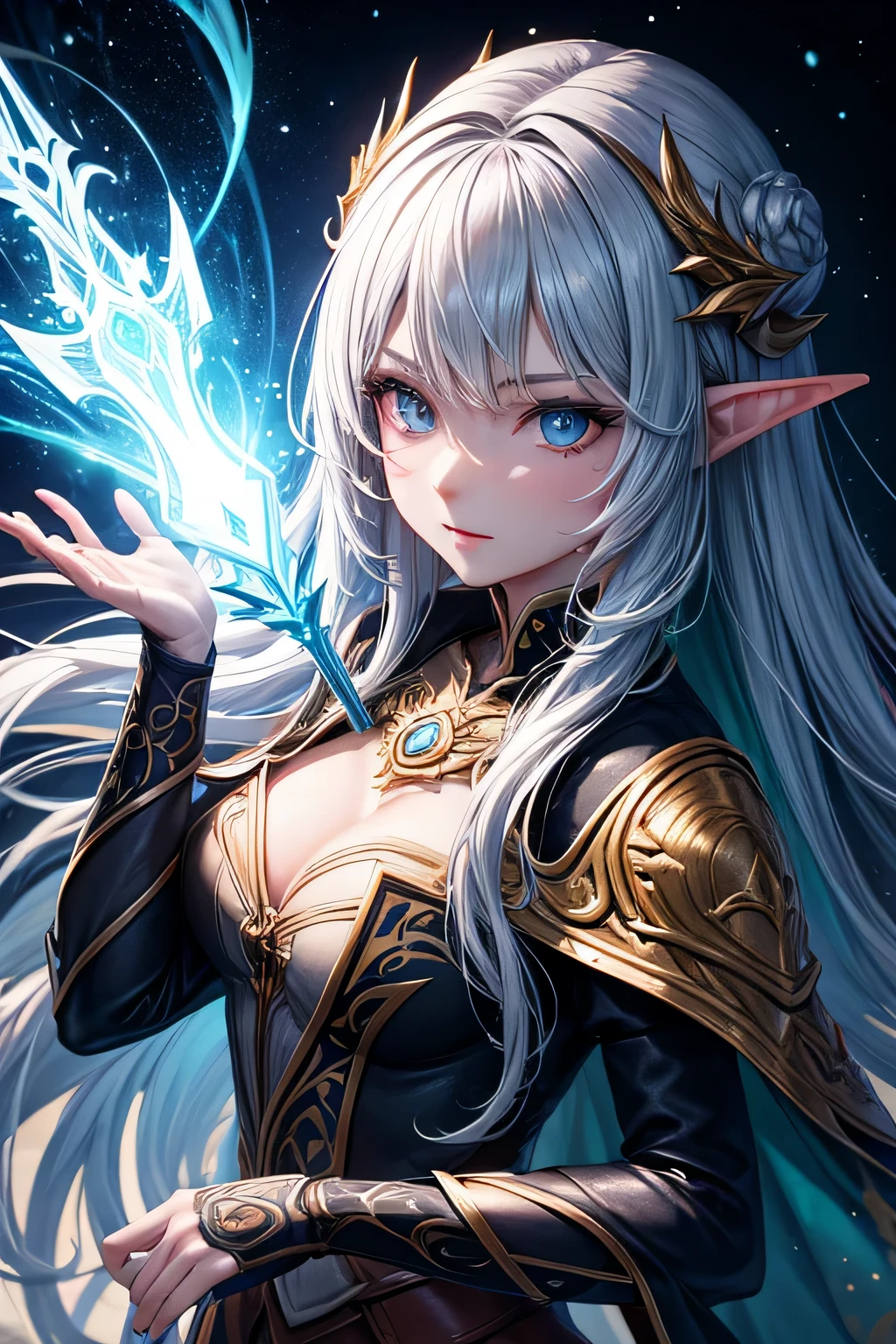 high quality fantasy anime photography, elven sorceress girl casting black energy streak with black light fragments, shooting enemy, emitting from glowing vertical magic circle in front of her magic staff, beautiful face, beautiful eyes, highly detailed, vibrant appearance, creative behavior, extremly detailed, imaginative, , spontaneous, highest quality, skin texture, intricate details, (cinematic lighting), RAW photo, 8k, masterpiece,best quality,ultra-detailed,very detailed illustrations,extremely detailed,intricate details,highres,super complex details,extremely detailed 8k cg wallpaper,