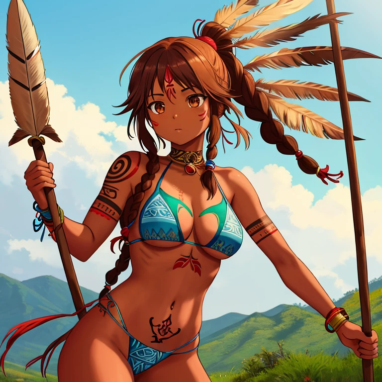 Anime image of an indigenous girl with brown skin, indigenous tattoos, indigenous clothing, and she is holding a spear, her hair is lasio