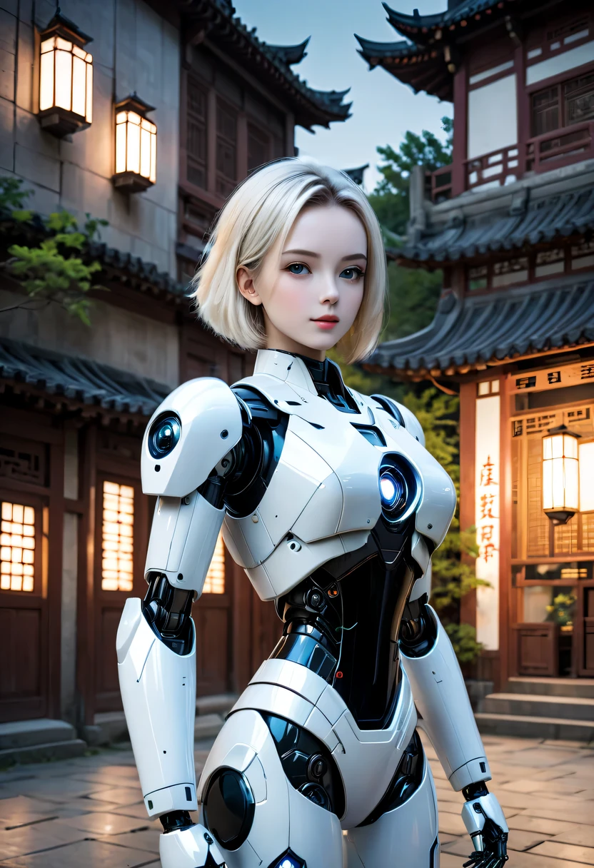 nighttime scene,There is a woman in a robot suit posing next to an ancient building, Beautiful white girl robot, cute robot-girl, Pretty girl robot, 完美的robot-girl, robot-girl, young robot lady, beautiful female android, beautiful android woman, robot-girl, perfect robot woman, Chinese robot, female android, Beautiful robot image
