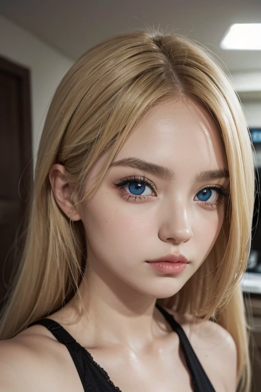asymmetric blonde girl, ojos marrones, delgada