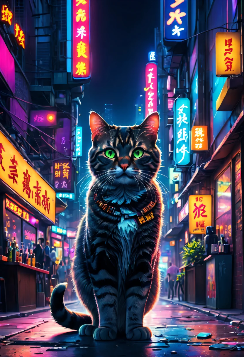 (Best quality at best,A high resolution,tmasterpiece:1.2),actual,city night scene, 现代city night scene，Spectacular，Vibrant neon lights, Bustling streets, Lively nightlife, KTV, Lively bar, Colorful graffiti, Luminous billboard, energeticatmosphere, a vast cybernetic network metropolis.Running and hunting stray cats
