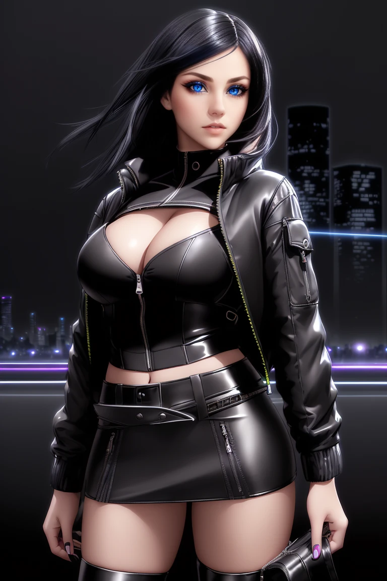 beautiful girl, ((standing:1.4)), (confident gaze:1.1), ((open jacket:1.4)), bright neon streaked black hair, ((realistic highly detailed eyes:1.4)), ((seductive pose:1.2)), large breasts, black eyeshadow, (street style wear:1.2), ((tight fitted skirt)), ((knee high leather boots)), (dark city night black background:1.8), dark makeup, digital art, trending on artstation, highly detailed, fine detail, intricate, detailed facial features, sharp focus, smooth, aesthetic,