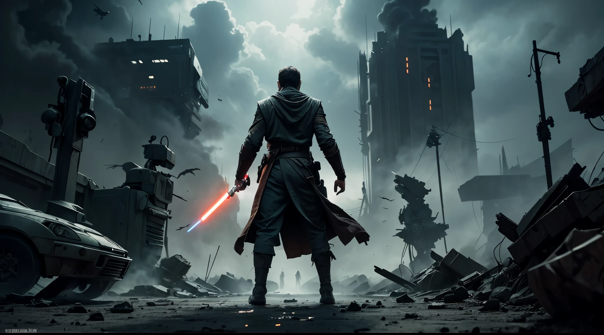 Standing body, Jedi, (illustration style), Battle debris on the ground, dark smoke, wallpaper, intricate background, amazing background, action scene, (like an action movie cover)