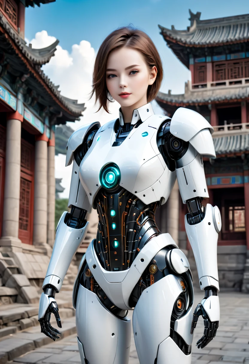 There is a woman in a robot suit posing next to an ancient building, Beautiful white girl robot, cute robot-girl, Pretty girl robot, 完美的robot-girl, robot-girl, young robot lady, beautiful female android, beautiful android woman, robot-girl, perfect robot woman, Chinese robot, female android, Beautiful robot image