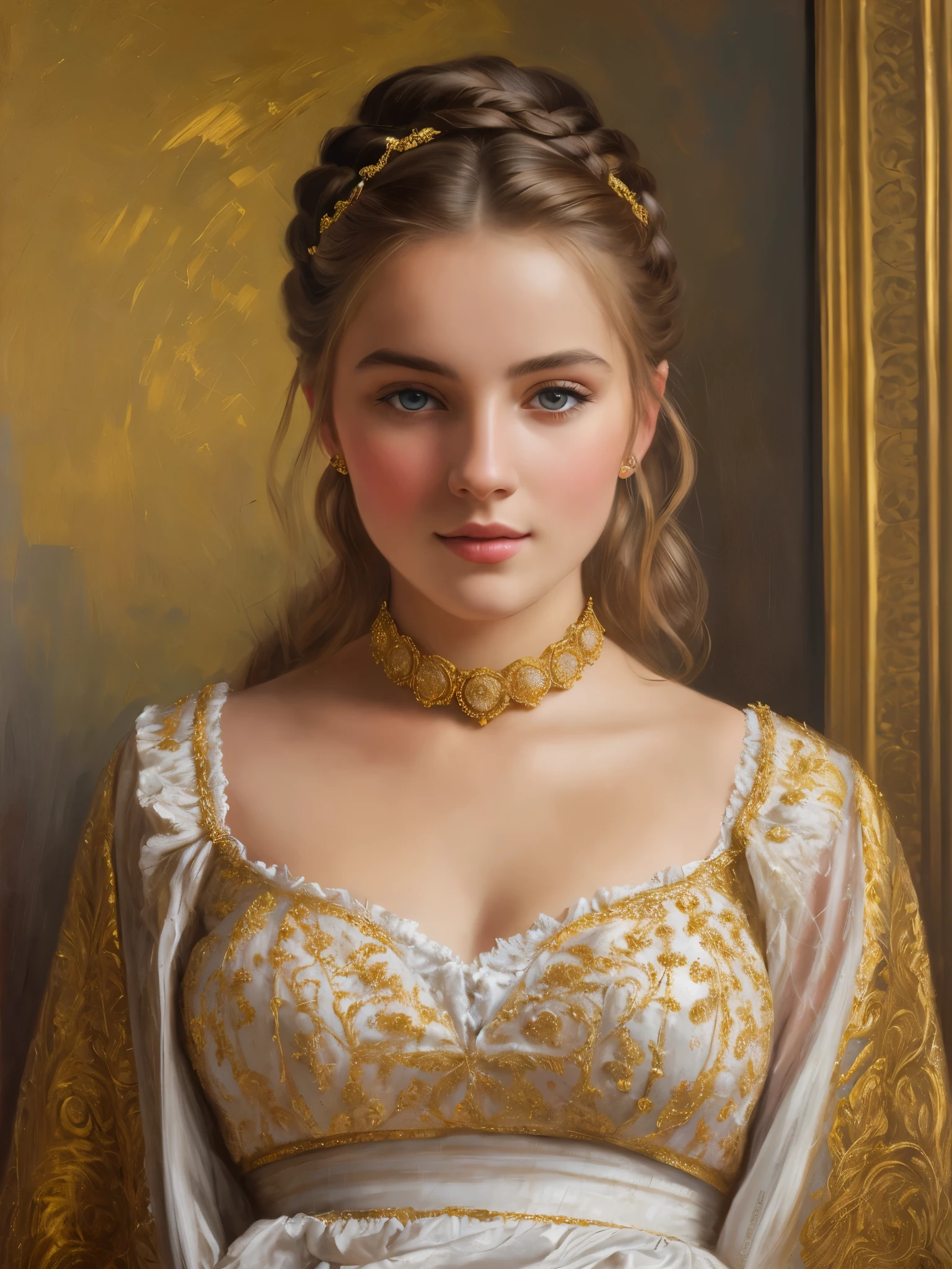 portrait, girl, middle ages, classicism, andrey atroshenko style, extremely beautiful Styled Hair, perfect Artwork, highly appreciated, painting, traditional media, realistic, figurative, fine art, oil on canvas, HDR, 8K, original character, high resolution, high detail, focus on the face