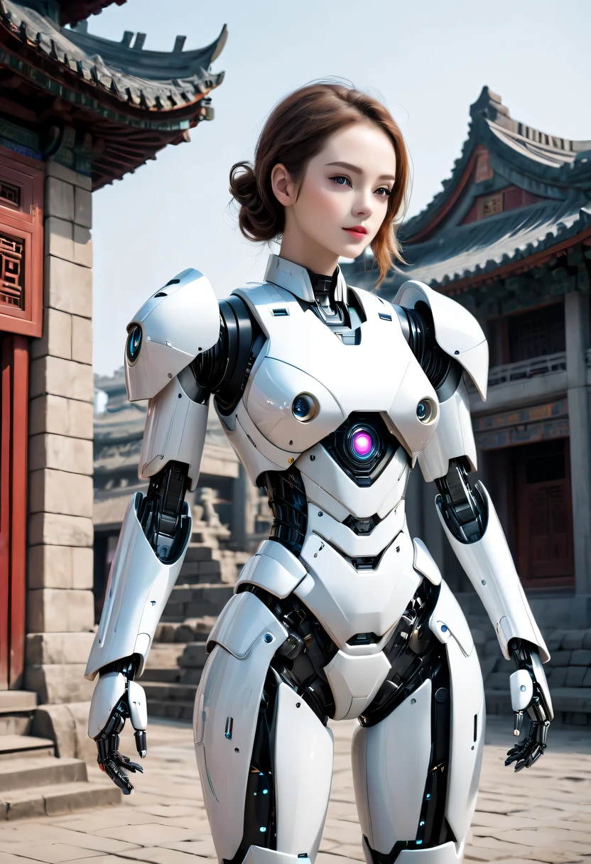 There is a woman in a robot suit posing next to an ancient building, Beautiful white girl robot, cute robot-girl, Pretty girl robot, 完美的robot-girl, robot-girl, young robot lady, beautiful female android, beautiful android woman, robot-girl, perfect robot woman, Chinese robot, female android, Beautiful robot image