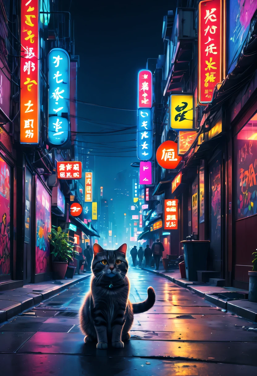 (Best quality at best,4K,A high resolution),City view at night, Vibrant neon lights, Lively KTV、Riman, Stray cat wandering on the street, Colorful graffiti art, eye-catching billboard, Trash bin overflowing