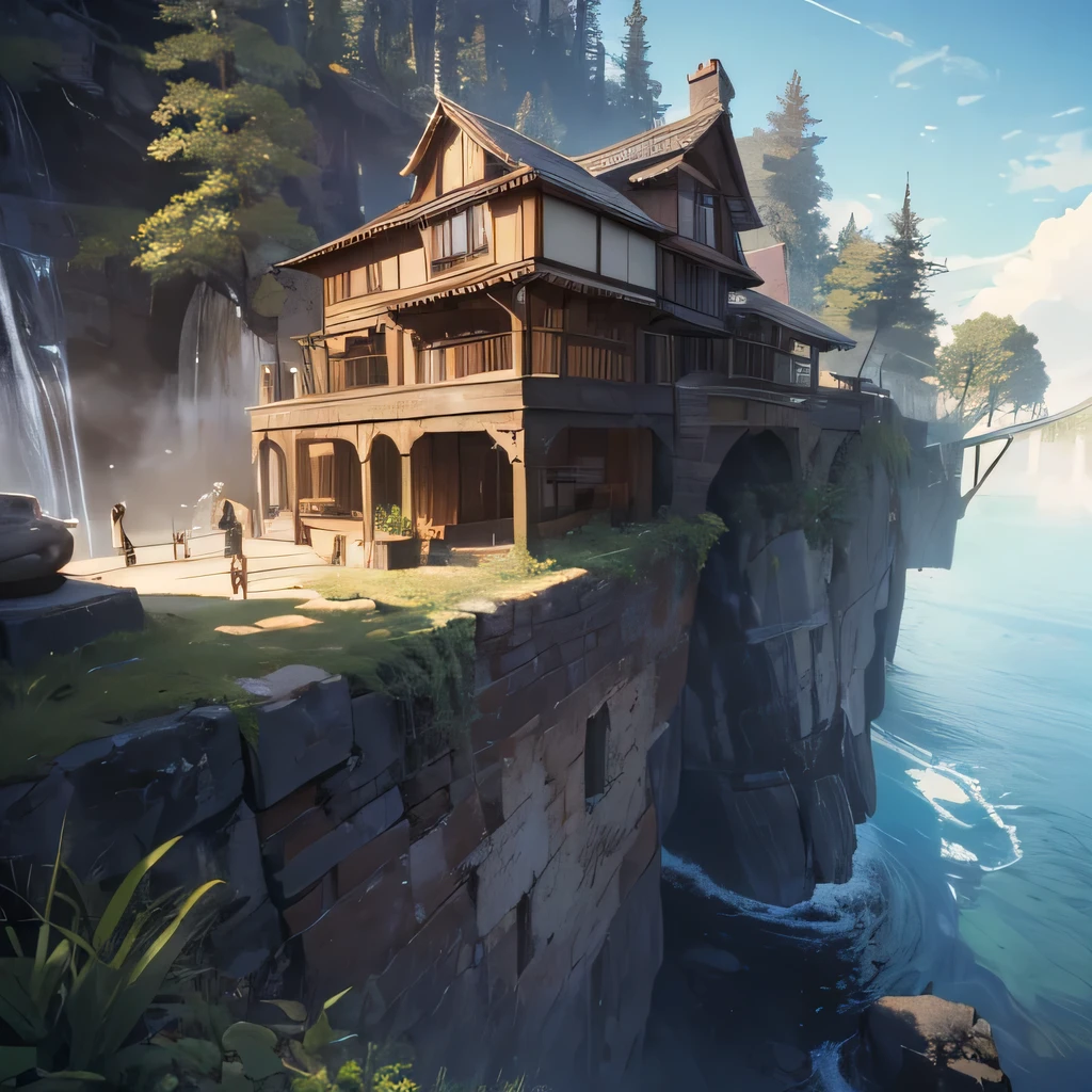 a house sitting on top of a cliff next to a river, inspired by Maginel Wright Enright Barney, high cliff, sheer cliffs surround the scene, wide angle exterior 2022, by Maginel Wright Enright Barney, bill lowe gallery, upon a peak in darien, dangerous cliffside, neobrutalist architecture, inspired by Henry Carr, falling water