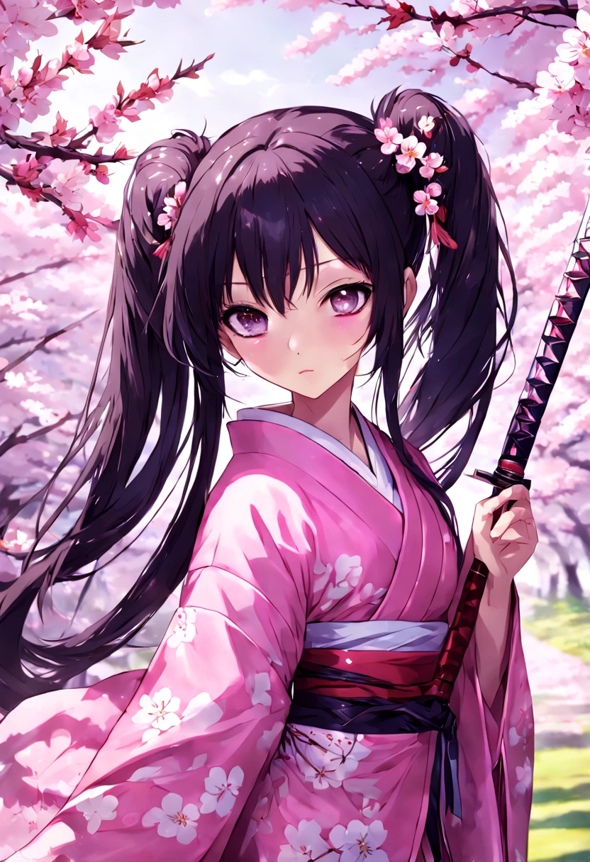 Anime woman, pink kimono, long black hair, Twintails, sword, beautiful, purple eyes, dreamy, cherry blossoms