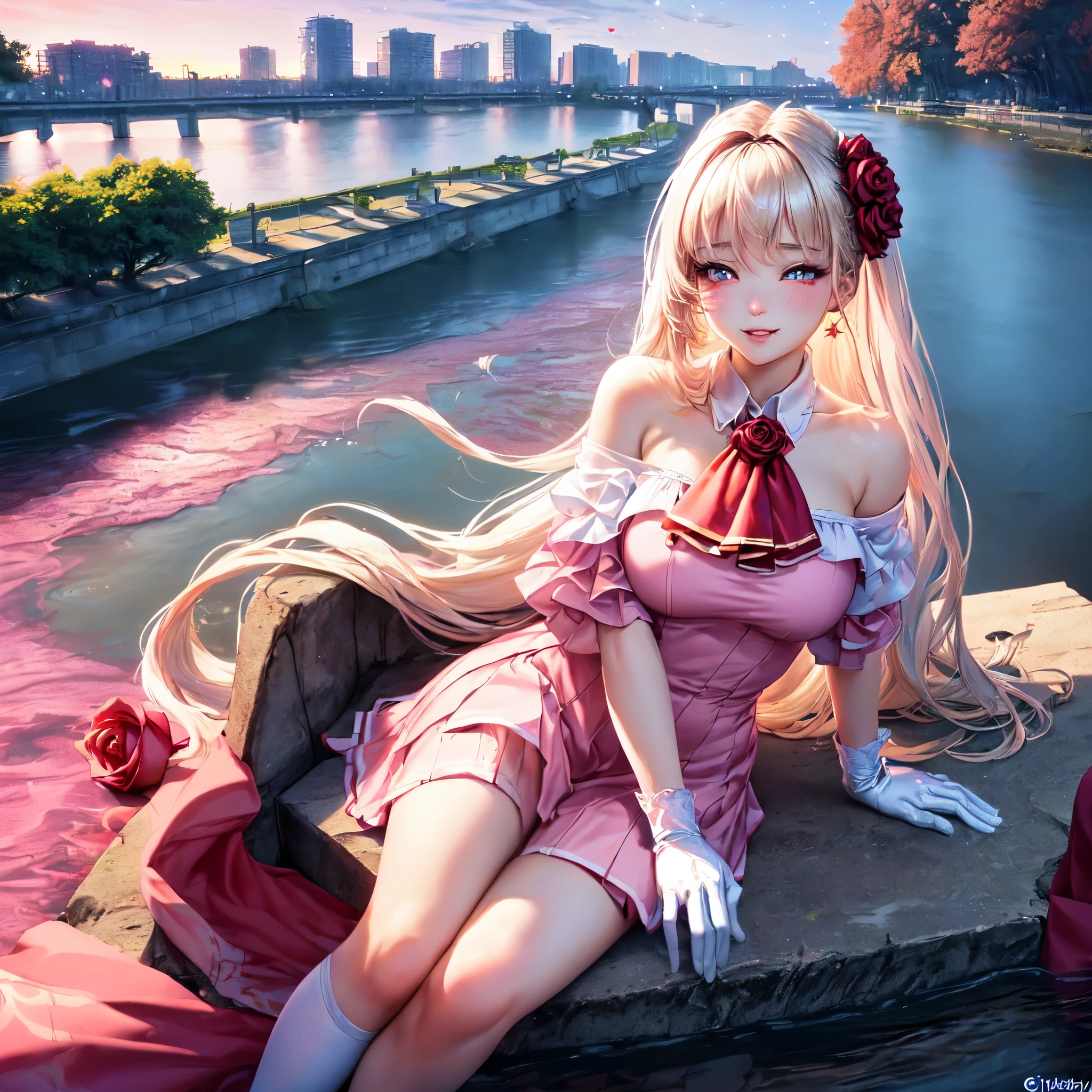 official art, masterpiece, sharp focueautiful gorgeous cute Korean woman:1.3), (beautiful cute korean:1.3), (beautiful amd aesthetic:1.3), korean beauty, Delicate and beautiful hair and eyes and face, realistic, ultra detailed, beautiful girl, blue sky, glow white particle, (sidelighting:1.2), sun light, white cloud, detailed clouds, slender, Lovely very large breasts and very large hips,showing pink slip, (((shy and aroused, pink Star-shaped pupils wink eyes)), (((Cuteness:1.3)), scenery, long straight hair, sexy facial expression, build (Riverscape:1.7), dynamic hair, blonde long straight hair, detailed hair, streaked hair, glow pink wink eyes, sit (pink pastel and rose-red school girl shirt+fiery rose Ascot dress+white off shoulder blouse), white long socks, pale skin, epic scenery, hair ornament, Princess white gloves, sexy look, ((bloodmoon:1)), ((PinkGalaxySky:1.3)), (white high heels:1)
